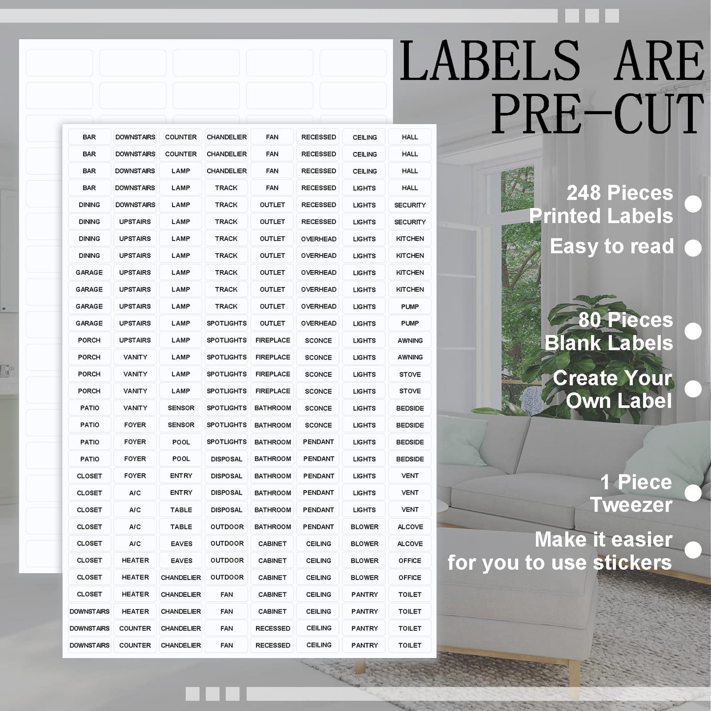 328 Pieces Light Switch Label Sticker Clear Transparent with Text,Waterproof Switch Panel Labels for Home Kitchen Bathroom Office,Include Blank Labels and Tweezer