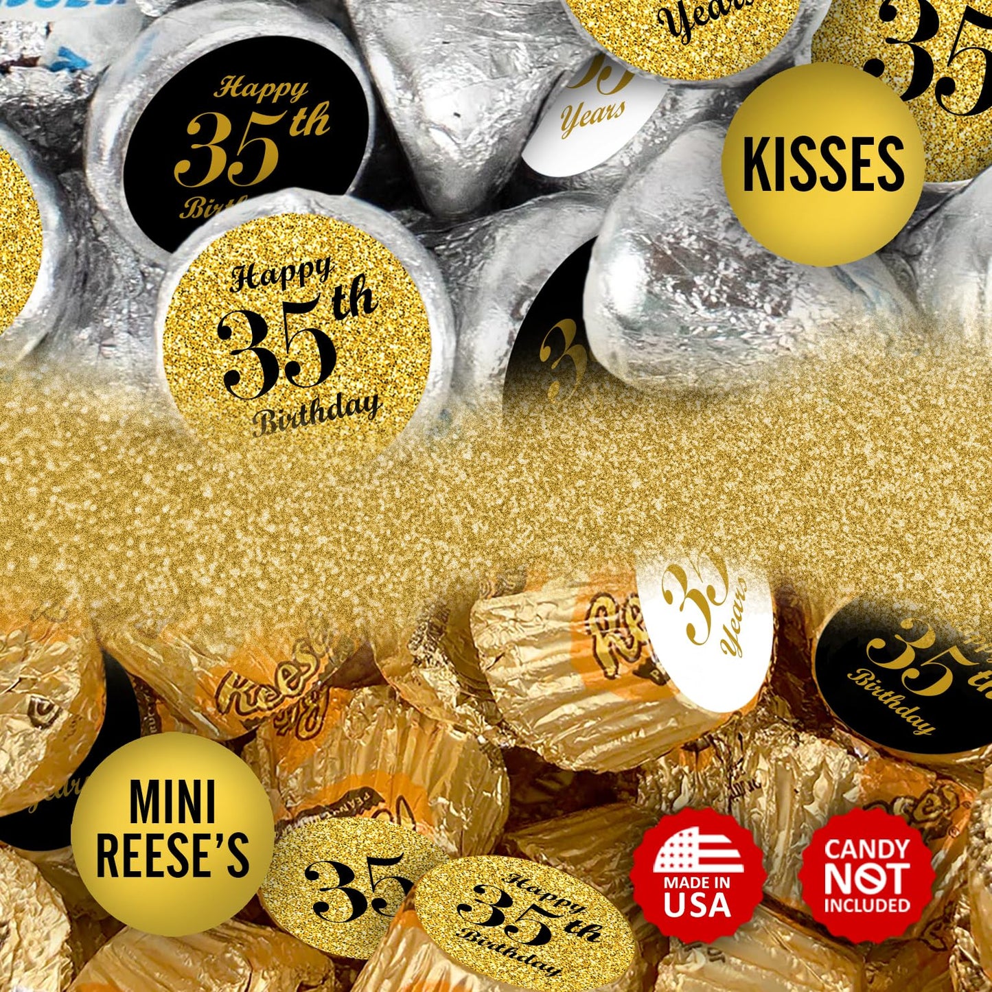 35th Birthday Kisses Stickers, (Set of 324) Chocolate Drops Labels Stickers for 35 Birthday, Party Favors Decor for Kisses. Made in USA, 9 Designs (36 Stickers of Each)