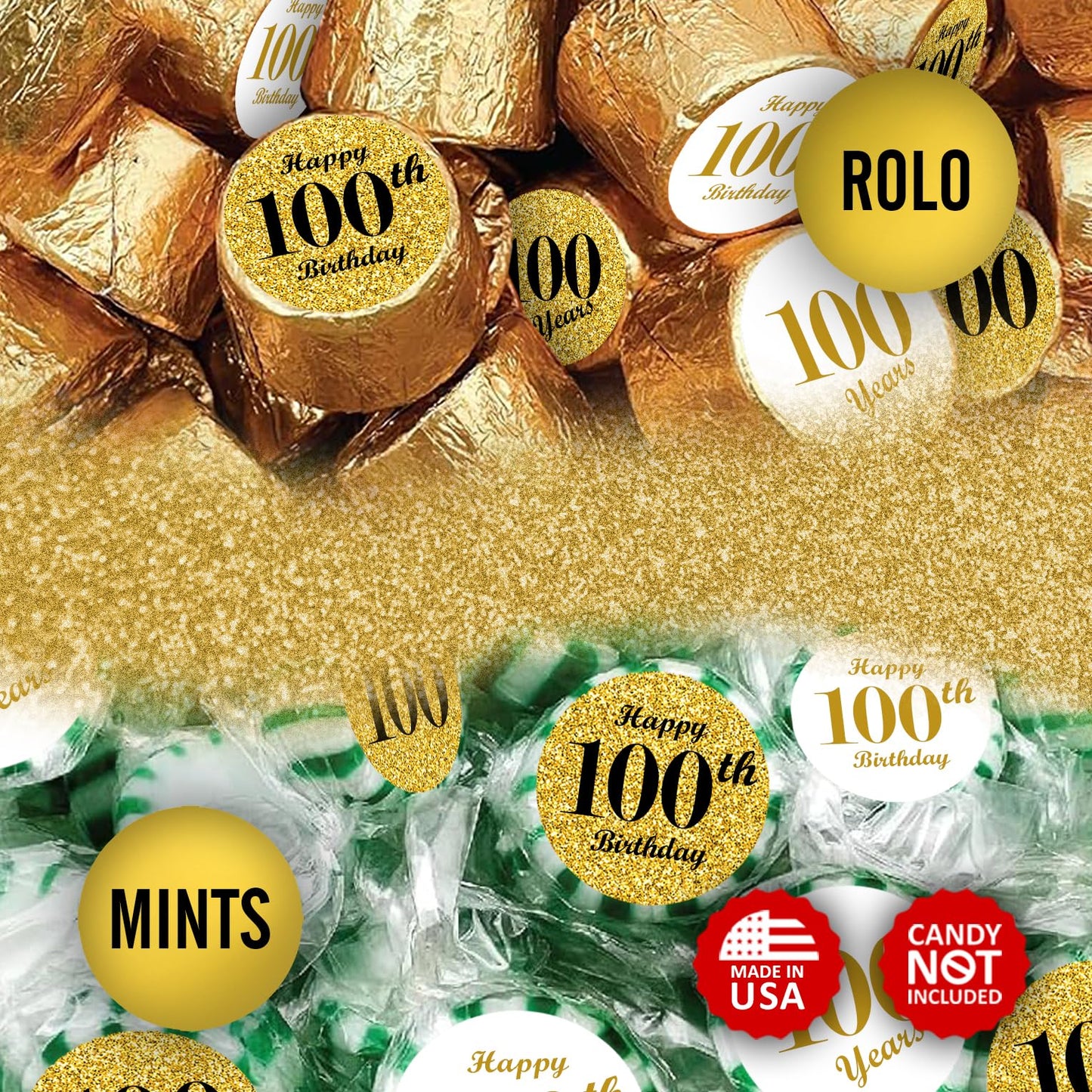 100th Birthday Gold Kisses Stickers, (Set of 216) Chocolate Drops Labels Stickers for Birthday Party, Party Favors Decor for Kisses. Made in USA
