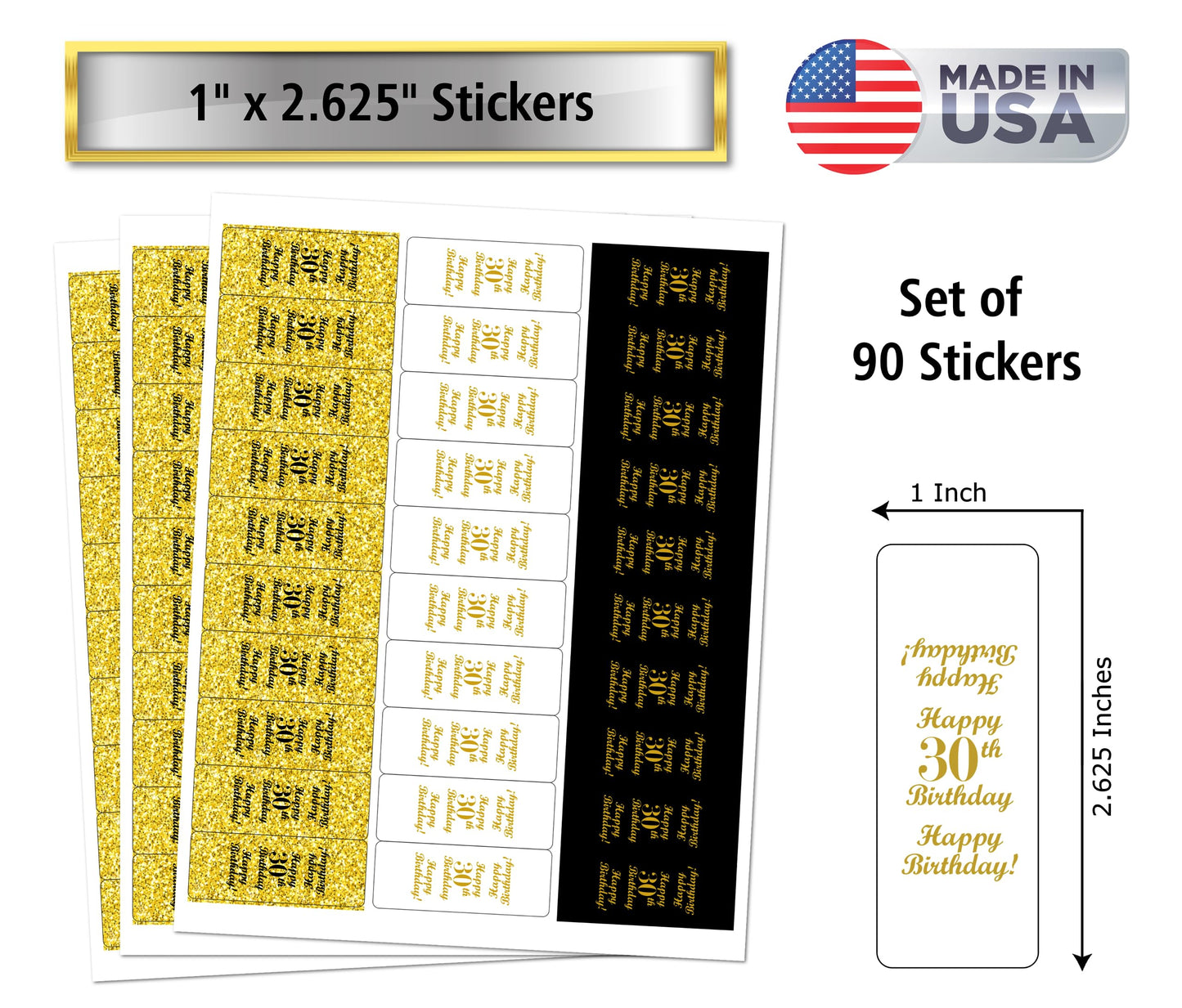 30th Birthday Nuggets Labels, Chocolate Candy Wrapper, (Set of 90) Candy Stickers; 3 Designs: 30 Gold, 30 Black, 30 White, Candy Not Included
