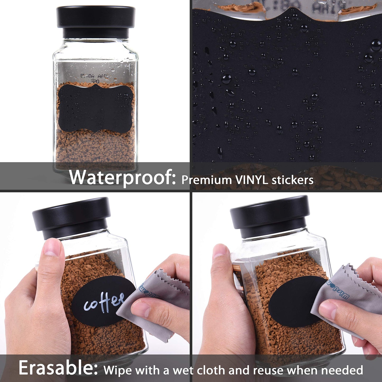 Wisdompro Chalkboard Labels, 190 Pcs Waterproof, Reusable & Removable Blackboard Stickers for Storage Bins, Food Container, Mason Jars, Bottles - 2 Sizes S, M