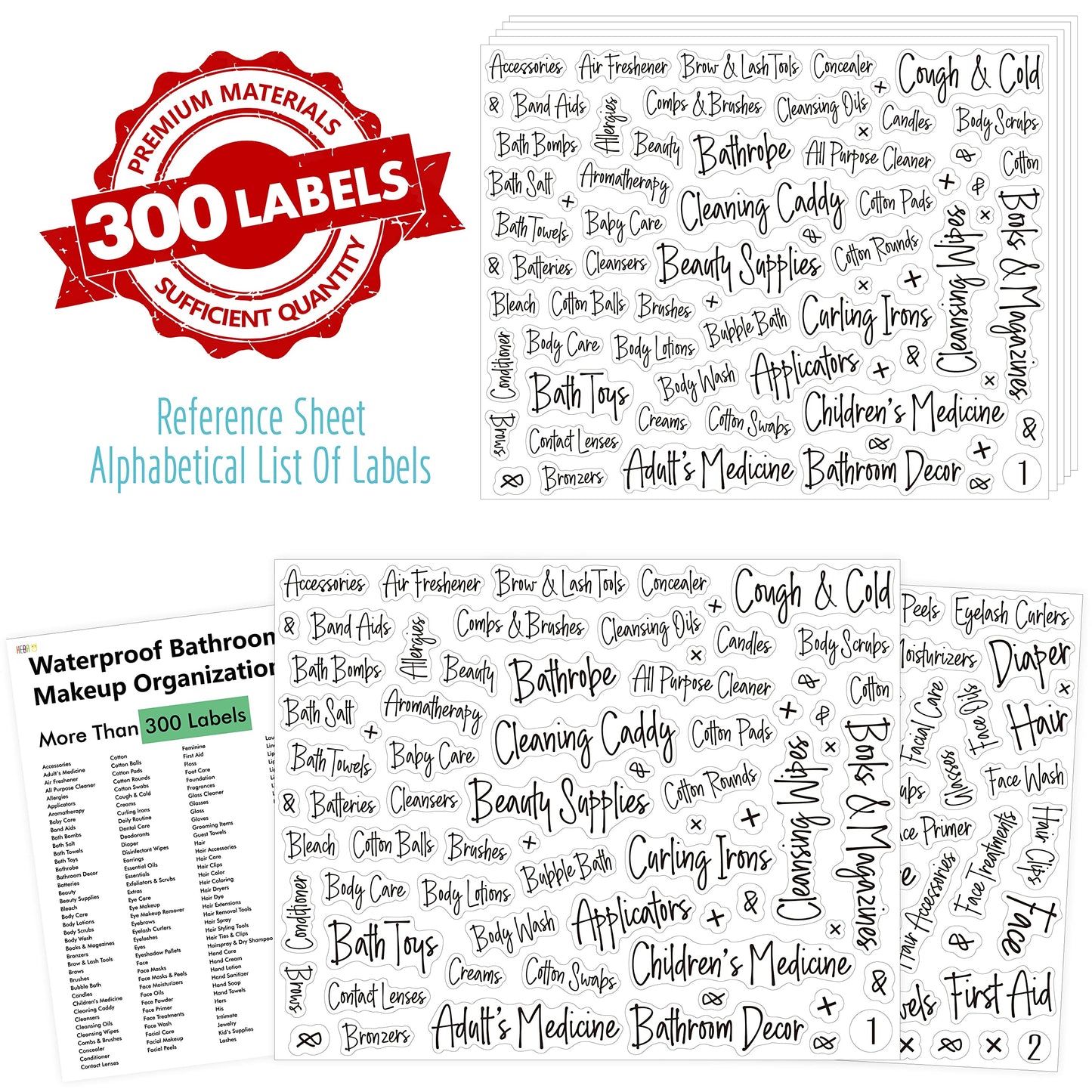 300+ Bathroom Labels, Include Over 265 Preprinted Bathroom, Beauty & Makeup Stickers and 36 Blank Ones, Waterproof/Oil/Tear Resistant No Residue Cursive Bathroom Stickers Style 3