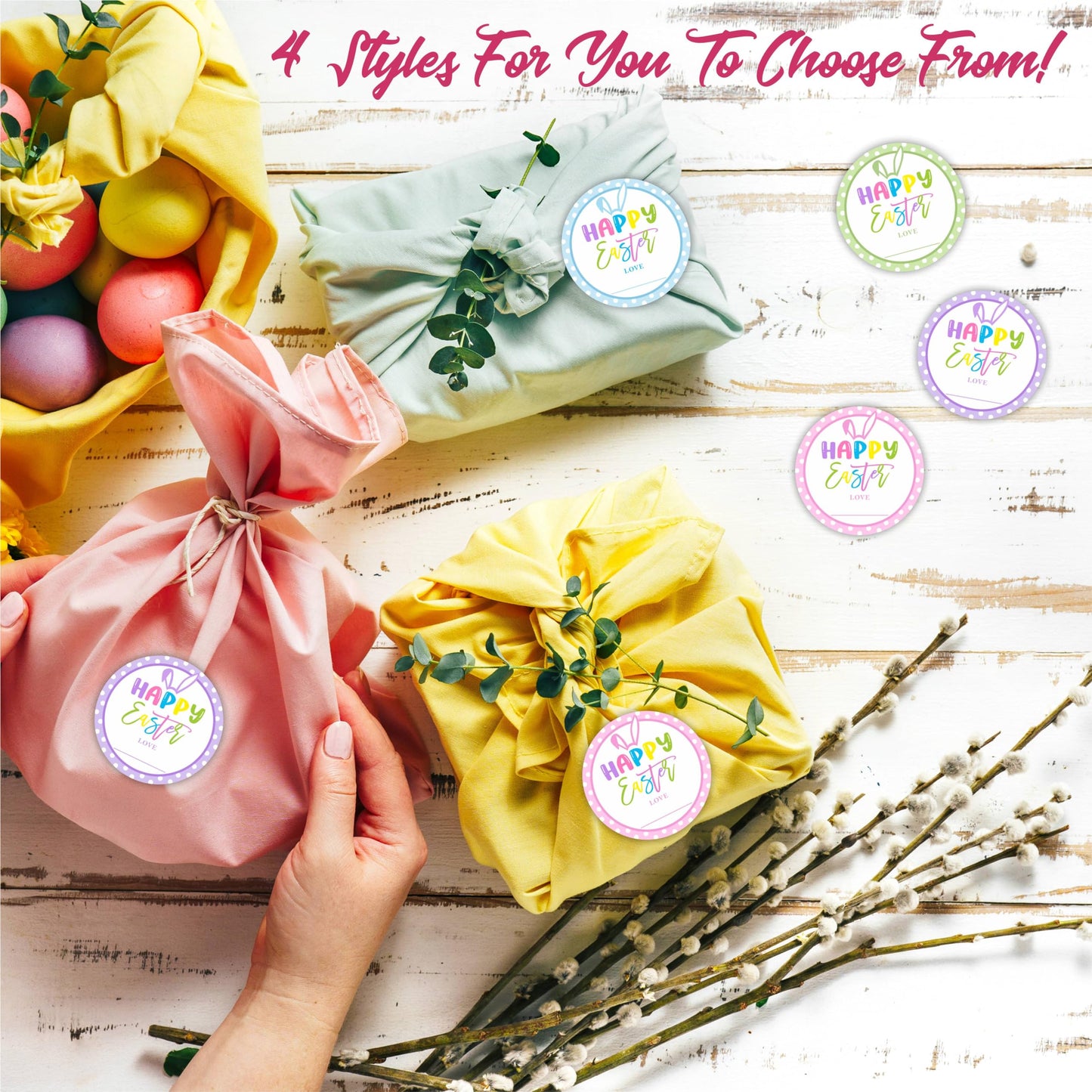Happy Easter Stickers(40Pcs), 2 Inches Big Stickers for Kids and Adults, Bunny Ears Self-Adhesive Round Label for Goodie Bags, Gift Box, Cards, Party Supplies for Easter Decoration-A05