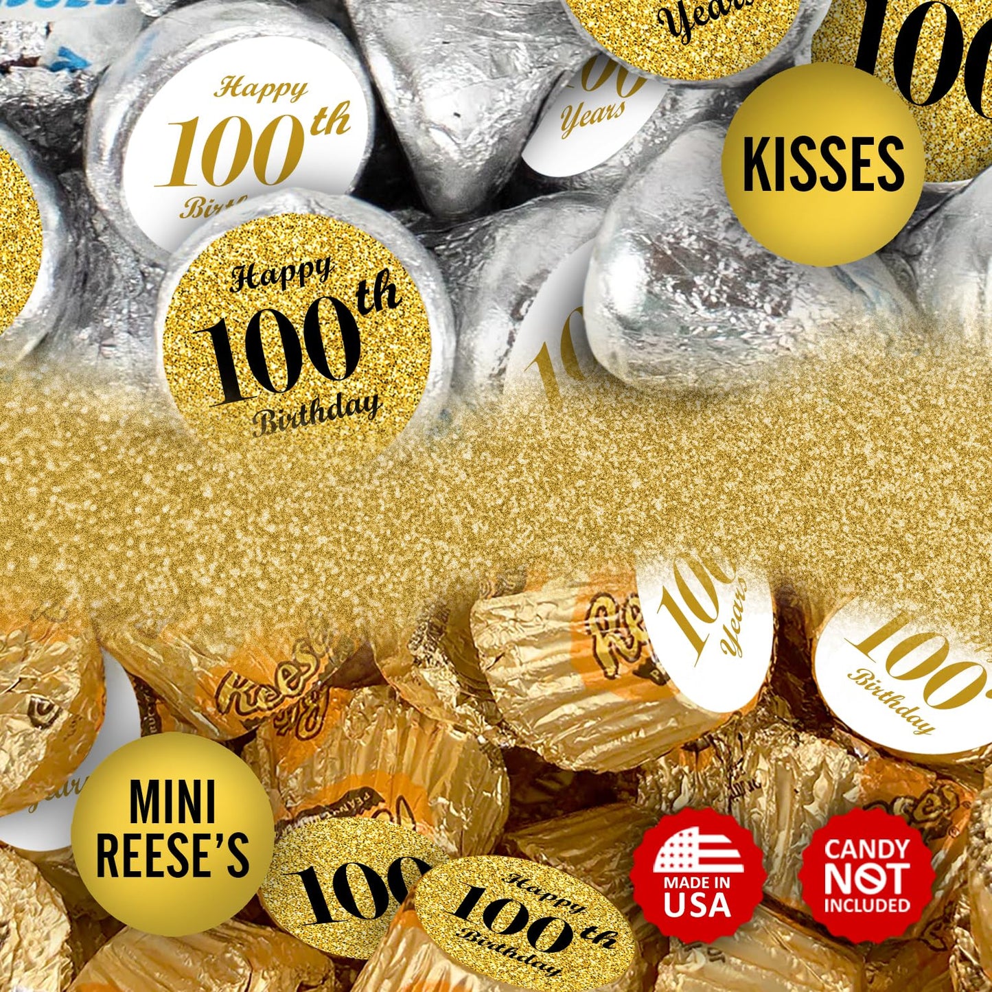 100th Birthday Gold Kisses Stickers, (Set of 216) Chocolate Drops Labels Stickers for Birthday Party, Party Favors Decor for Kisses. Made in USA