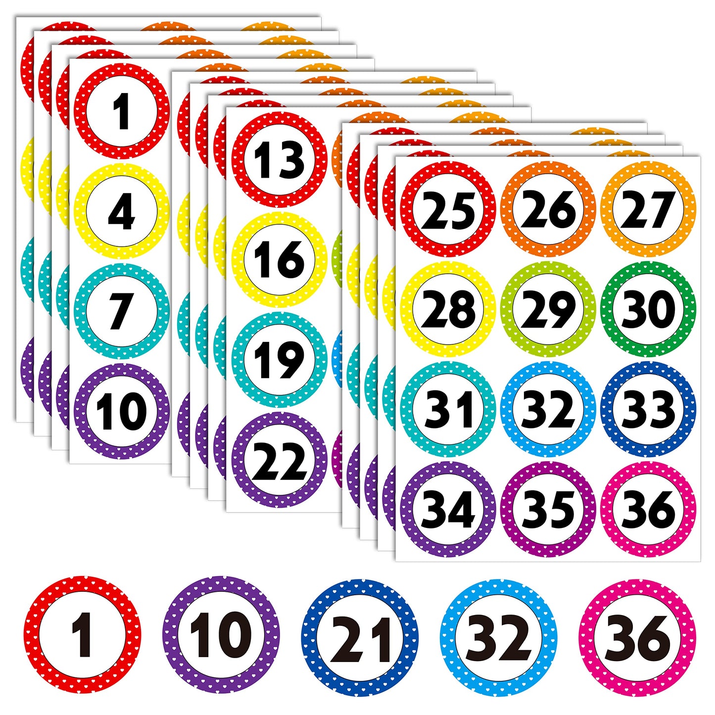 144 Large Round Number Stickers, 12 Sheets Consecutive Polka Dot Number 1-36 Label Self-Adhesive Number Stickers Erasable with PET Film for Indoor, Outdoor Office, Classroom, Storage, Boxes (3” Each)