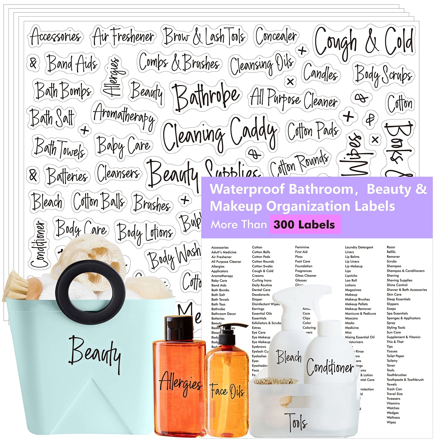 300+ Bathroom Labels, Include Over 265 Preprinted Bathroom, Beauty & Makeup Stickers and 36 Blank Ones, Waterproof/Oil/Tear Resistant No Residue Cursive Bathroom Stickers Style 3