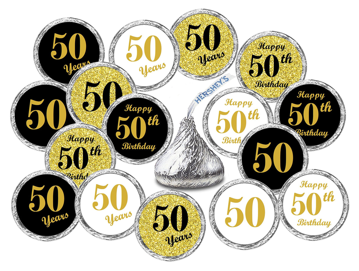 50th Birthday Kisses Stickers, (Set of 324) Chocolate Drops Labels Stickers for 50th Birthday, Party Favors Decor for Kisses. Made in USA, 9 Designs (36 Stickers of Each)