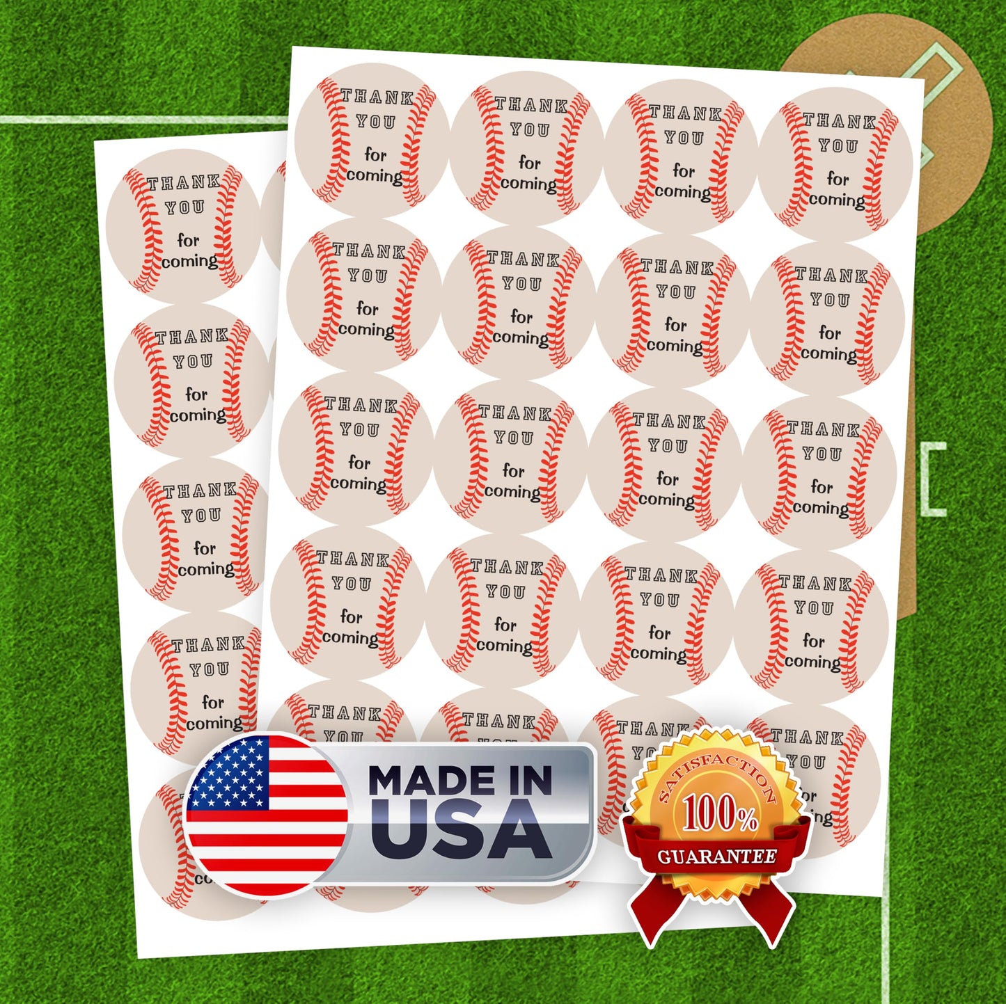 40 Thank You Baseball Labels, 2 Inch Big Round Glossy Stickers, Great Stickers for Birthday Party, Baby Shower, Wedding, Graduation, or Any Family Sports Event Decorations, Made in USA