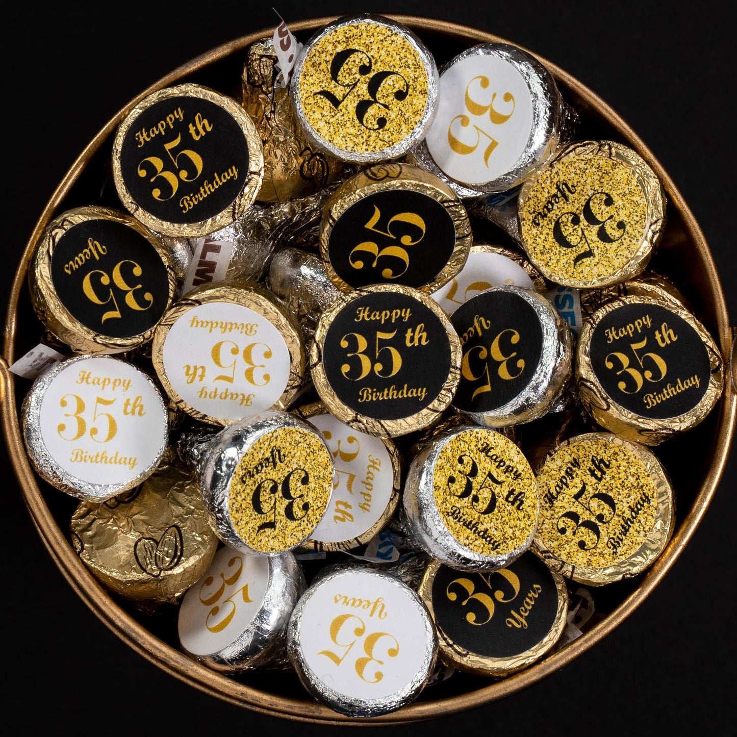 35th Birthday Kisses Stickers, (Set of 324) Chocolate Drops Labels Stickers for 35 Birthday, Party Favors Decor for Kisses. Made in USA, 9 Designs (36 Stickers of Each)