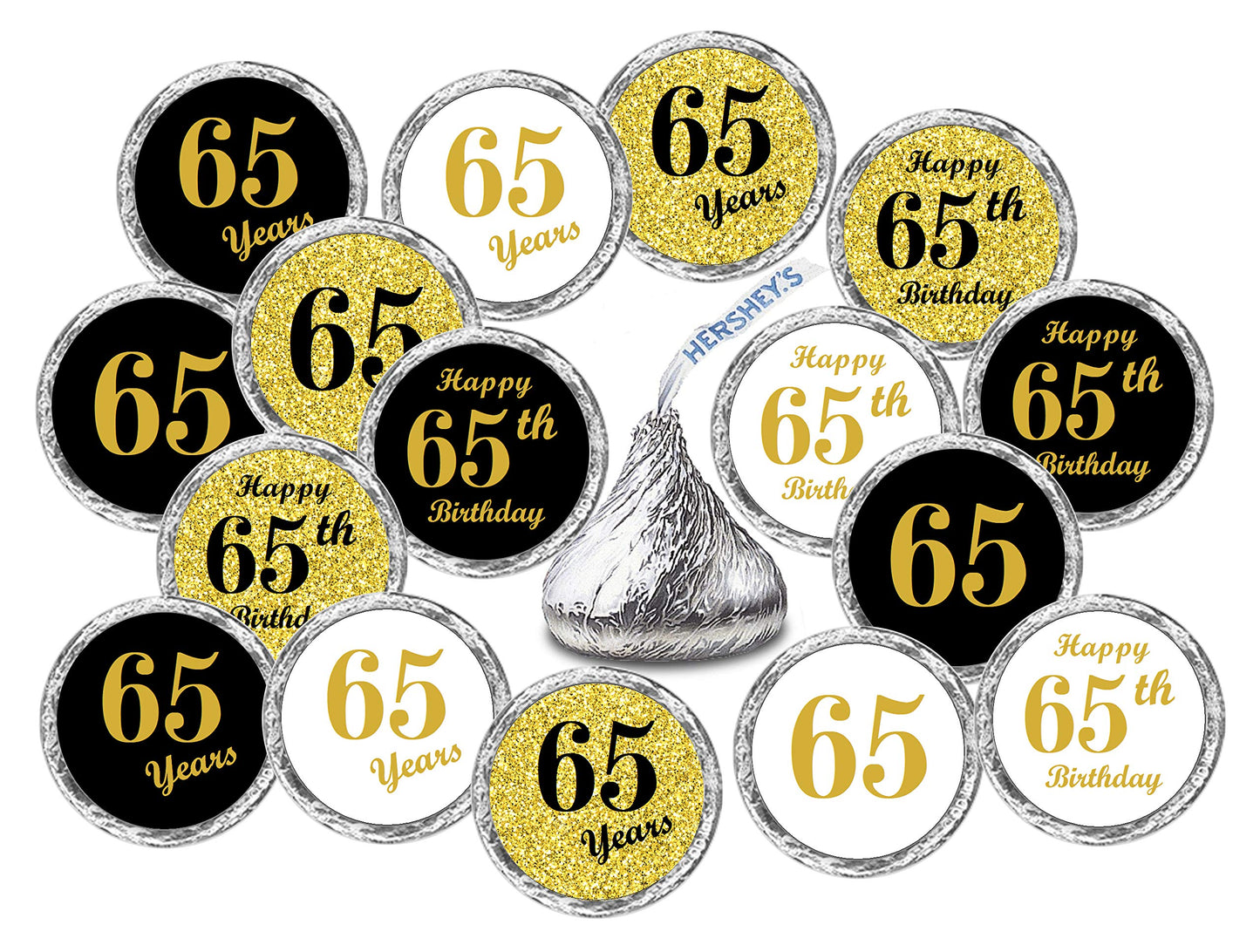 65th Birthday Kisses Stickers, (Set of 324) Chocolate Drops Labels Stickers for 65 Birthday, Party Favors Decor for Kisses. Made in USA, 9 Designs (36 Stickers of Each)