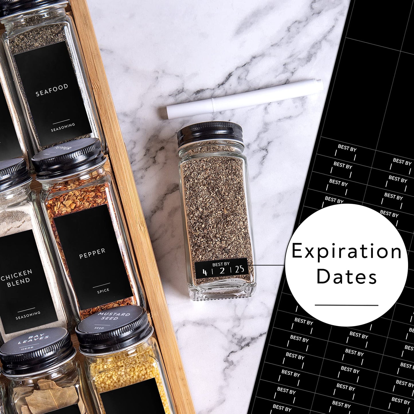 304 Minimalist Spice Label Set, White Text on Black Vinyl Waterproof Label Sticker with Removable Adhesive - Fits on Round, Square and Rectangle Jars - Organize Spice, Herb and Seasonings Spice Labels