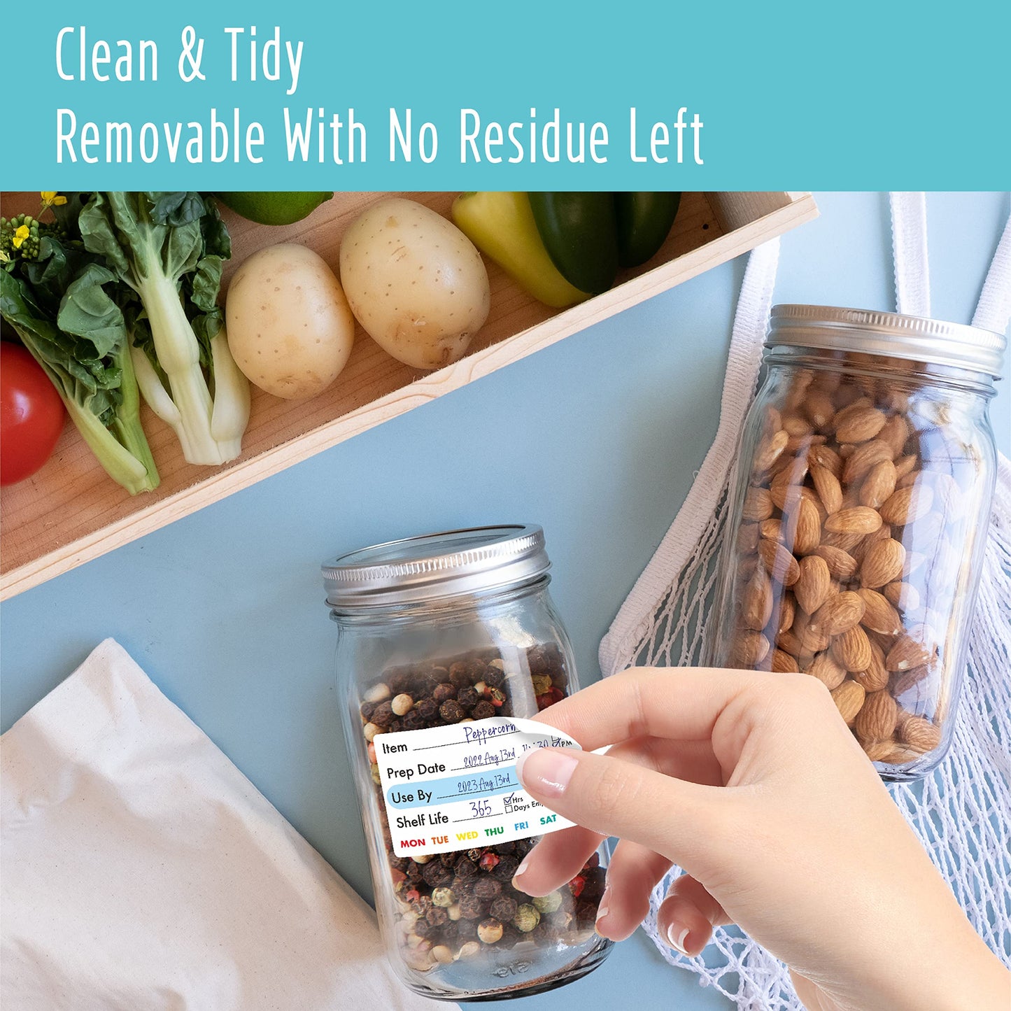 300 Removable Food Labels, Water/Oil/Tear Resistant Freezer Pantry Labels with Perforation Line No Residue Left for Food Containers Jars Kitchen Restaurant Storage Organization Style-b
