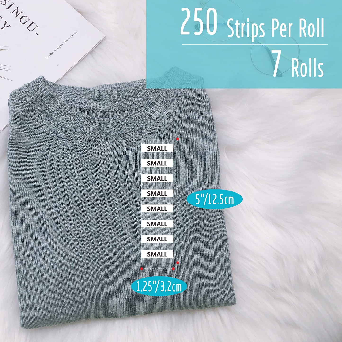 1750 PCS Clear Clothing Size Strip Labels, Tear-Resistant, Residue-Free, Black and White Fonts, 250 Strips Per Roll (7 Rolls, 1.25" X 5") Clothing Size Strip Labels - Bopp Materials (1.25" X 5")