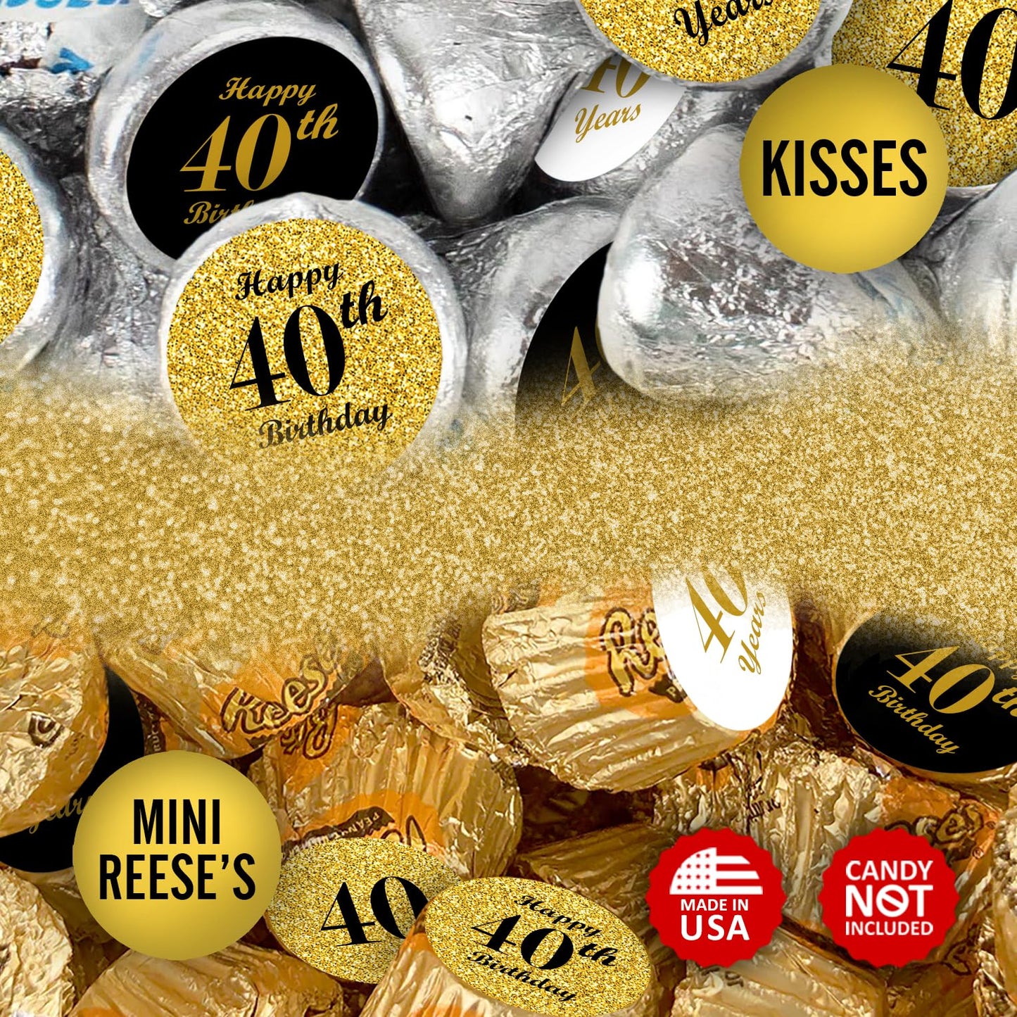 40th Birthday Kisses Stickers, (Set of 324) Chocolate Drops Labels Stickers for 40th Birthday,Party Favors Decor for Kisses. Made in USA, 9 Designs (36 Stickers of Each)
