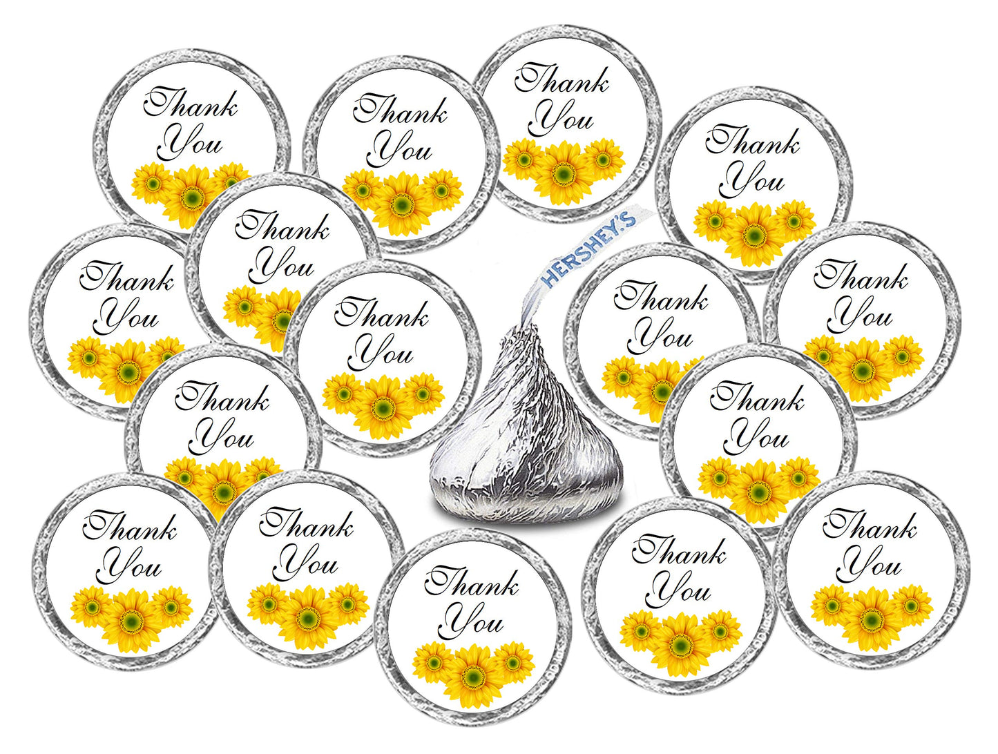 324 Sunflower Thank You Kisses Wedding Stickers, Floral Chocolate Drops Labels Stickers for Weddings, Bridal Shower Engagement Party, Bride and Groom Party Favors for Kisses. Made in USA.