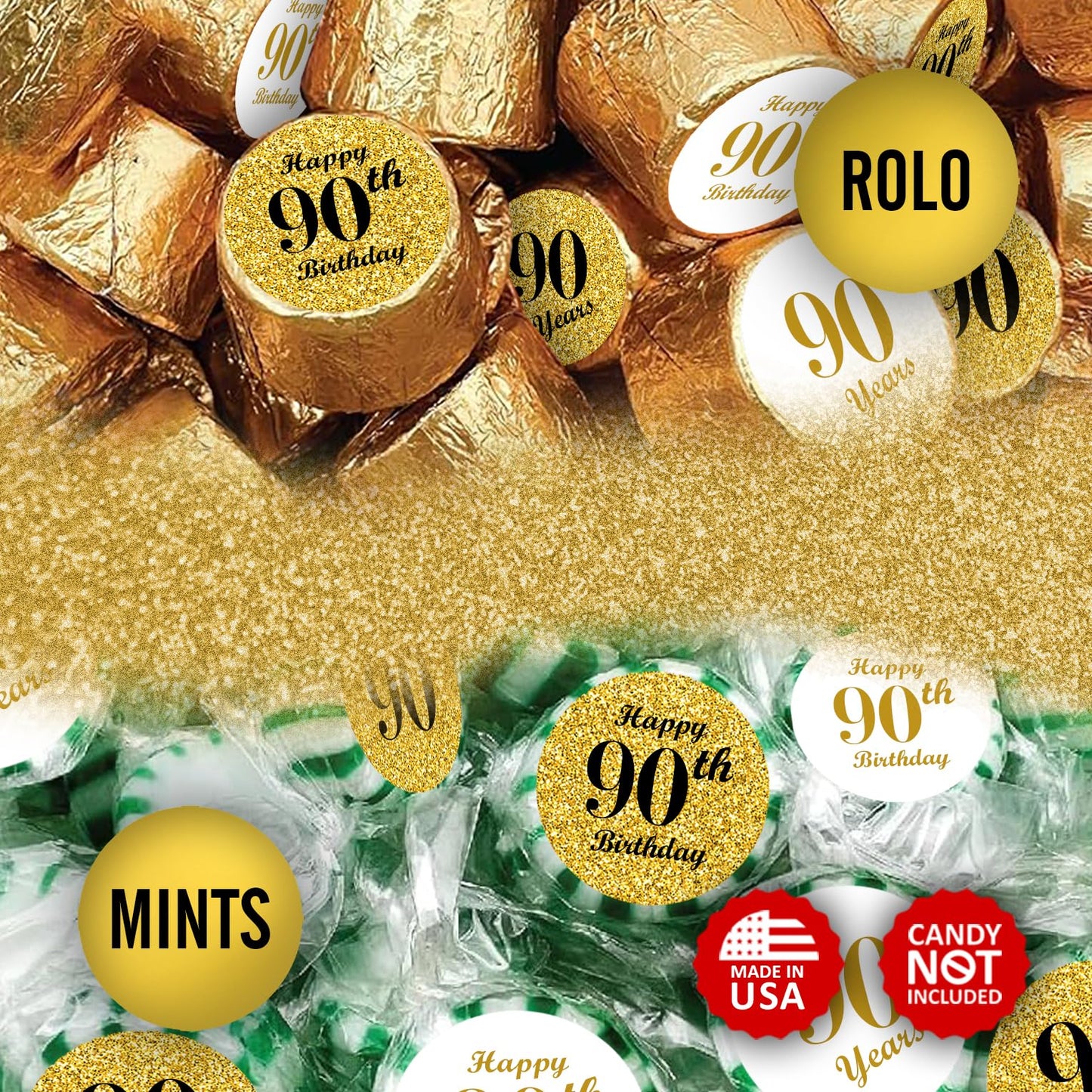 90th Birthday Gold Kisses Stickers, (Set of 324) Chocolate Drops Labels Stickers for Birthday Party, Party Favors Decor for Kisses. Made in USA