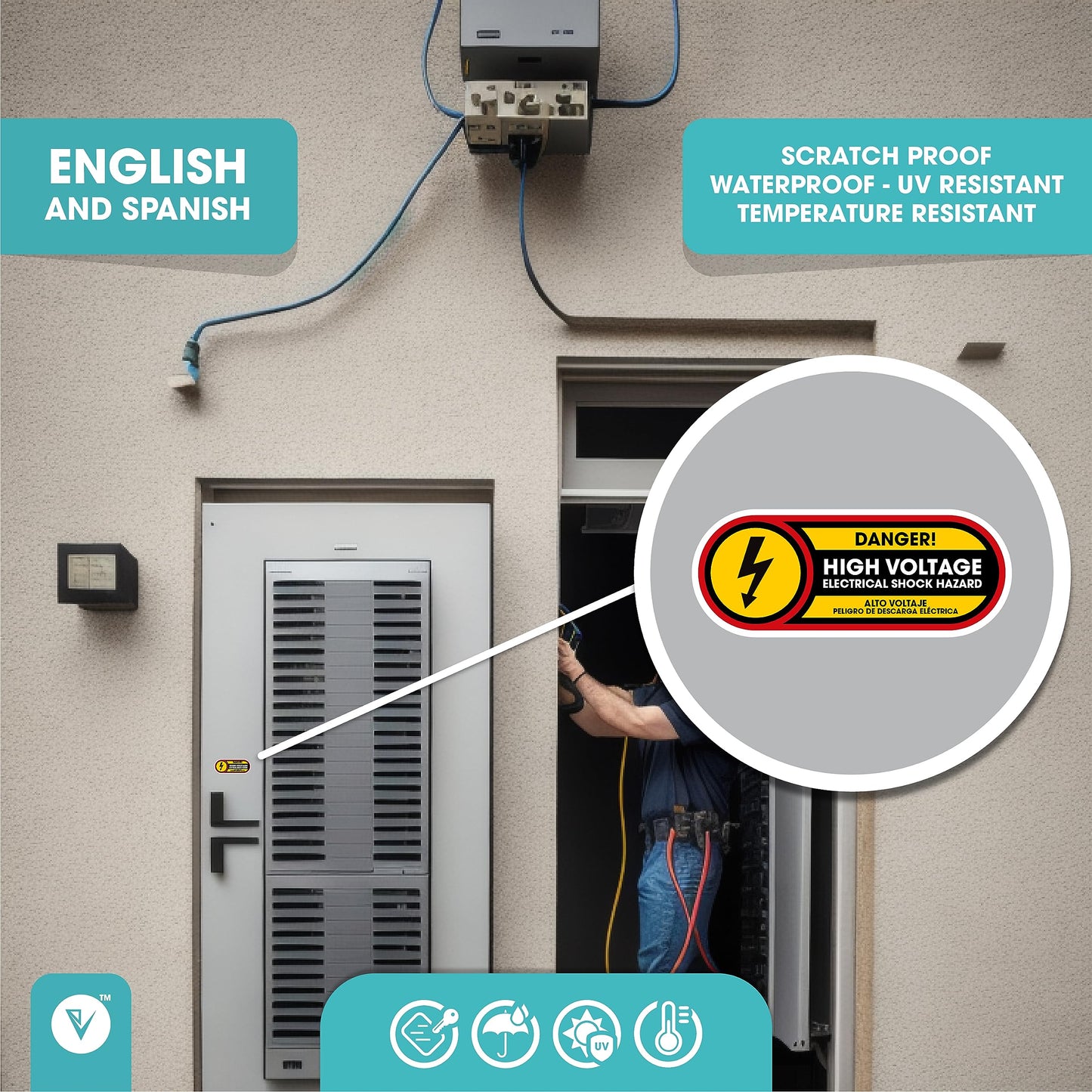 Bilingual Danger High Voltage Stickers | Electric Shock Hazard Small Decals| 5in x 2in Permanent Matte Vinyl | 1 Unit Pack High Voltage Warning Waterproof Vinyl Sticker Signs (2X5) 2x5