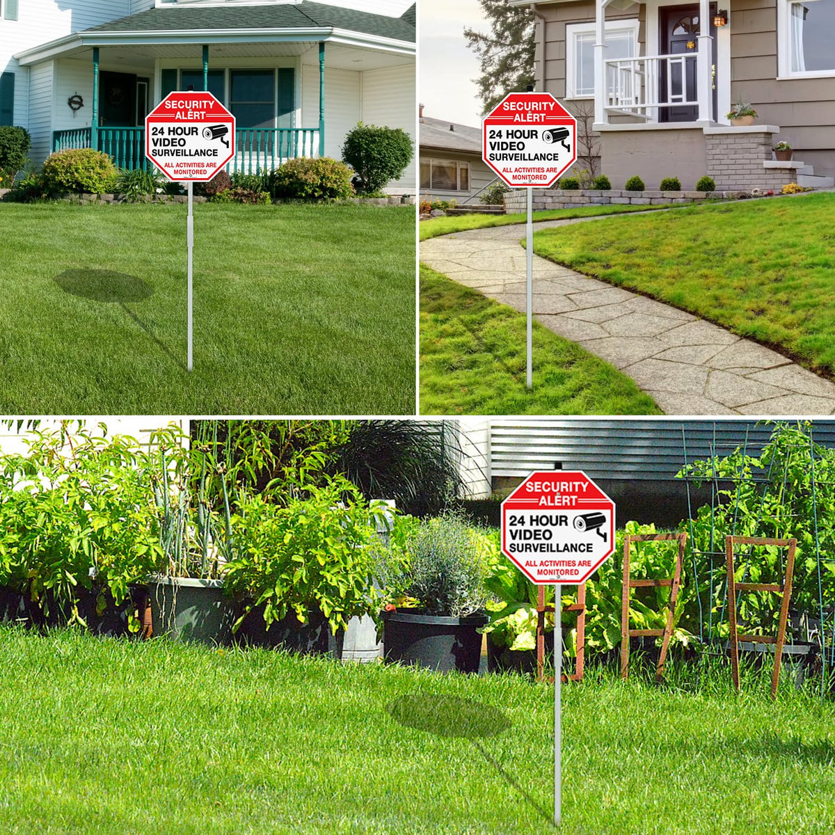 Faittoo Security Sign Video Surveillance Sign with 36" Stake for Outside, 2-Pack 12"x12" Rust Free Heavy Aluminum, Reflective, Fade Resistant, 2 pre-drilled holes, Includes Matching Screws & Wrench, 12"x12" - 2 Pack with 36" Stake