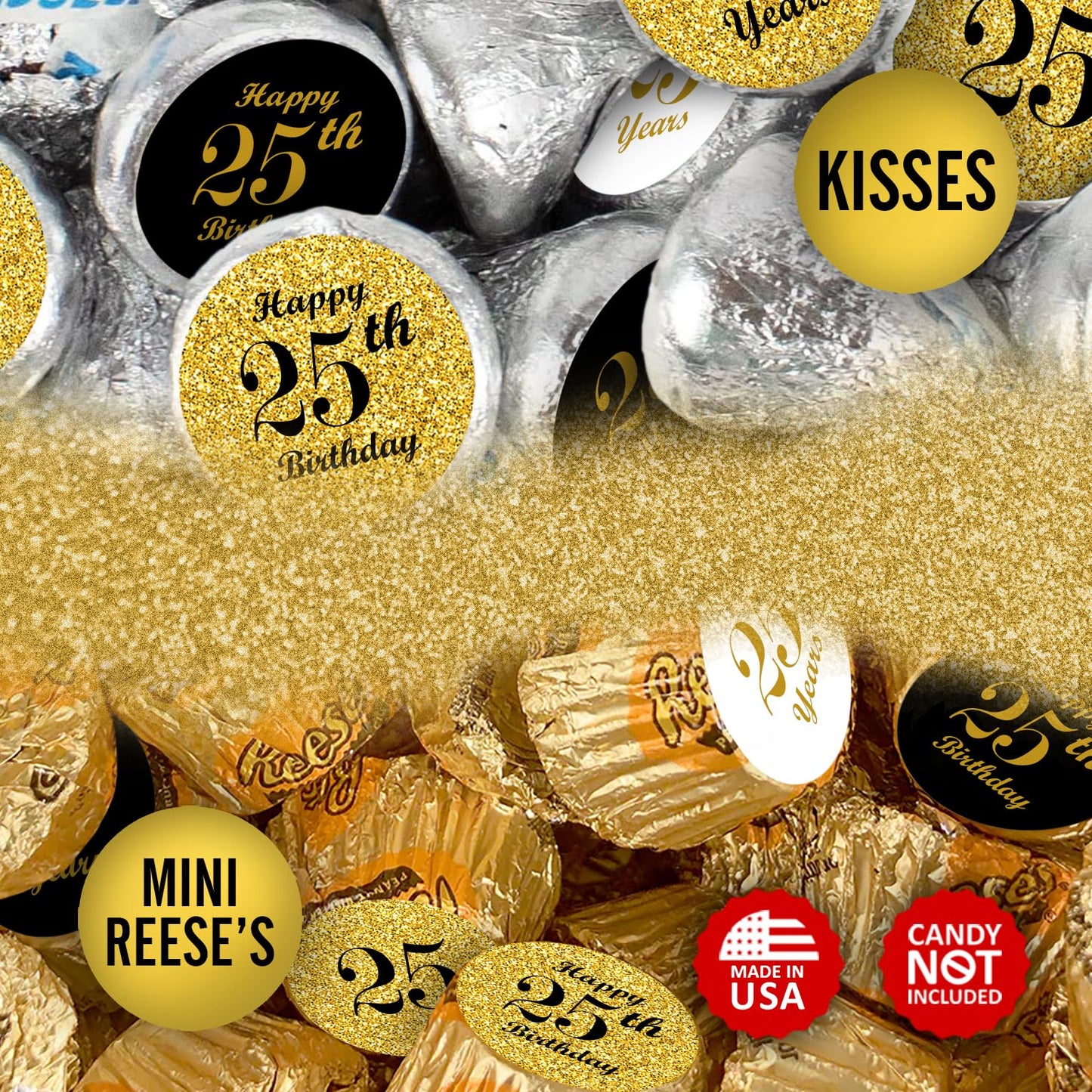 25th Birthday Kisses Stickers, (Set of 324) Chocolate Drops Labels Stickers for 25 Birthday, Party Favors Decor for Kisses. Made in USA, 9 Designs (36 Stickers of Each)