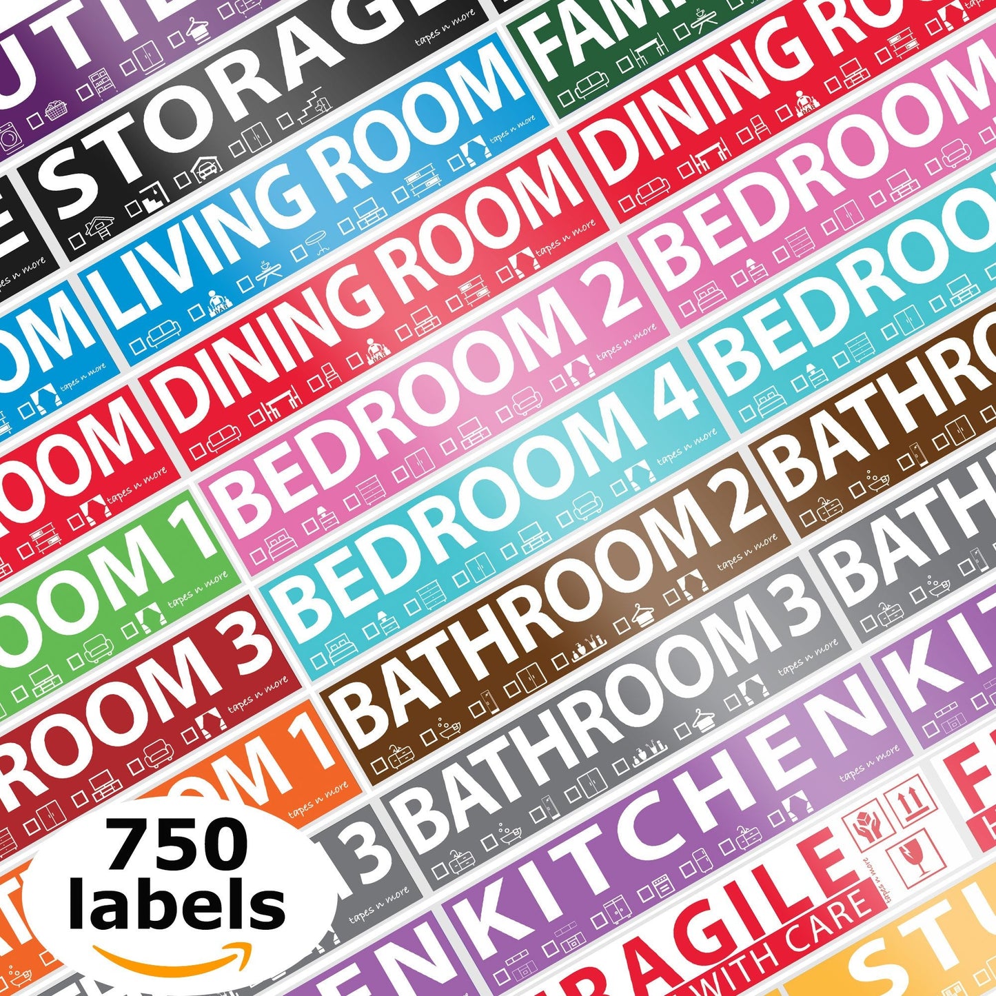 750 Labels for Moving Boxes. 4 Bedroom House. 50 Labels Per Room, 15 Color Coded Rolls. Fragile Label Included for Moving Boxes, Moving Supplies, Wardrobe Boxes, Apartment Sticker, Bed, Bath