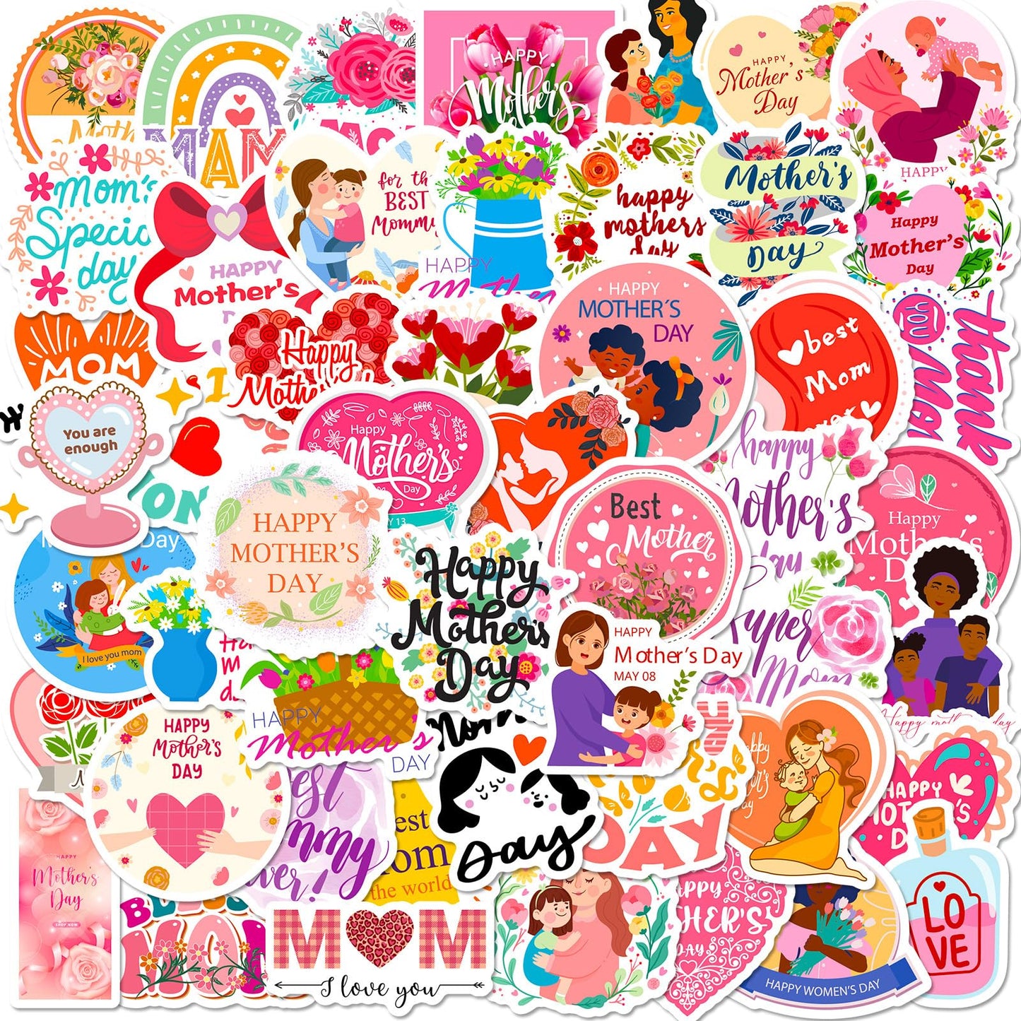 Mother's Day Stickers 50pcs - Waterproof & Self-Adhesive Decals for Gift Wrapping, Scrapbooking, Cards | Premium Quality, Easy Peel & Stick (Festival, Party, DIY) Mother's Day