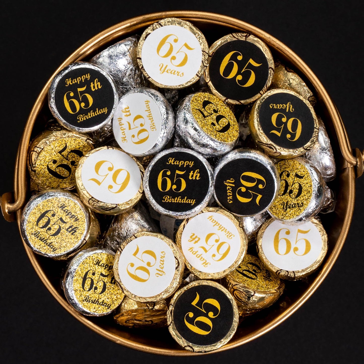 65th Birthday Kisses Stickers, (Set of 324) Chocolate Drops Labels Stickers for 65 Birthday, Party Favors Decor for Kisses. Made in USA, 9 Designs (36 Stickers of Each)