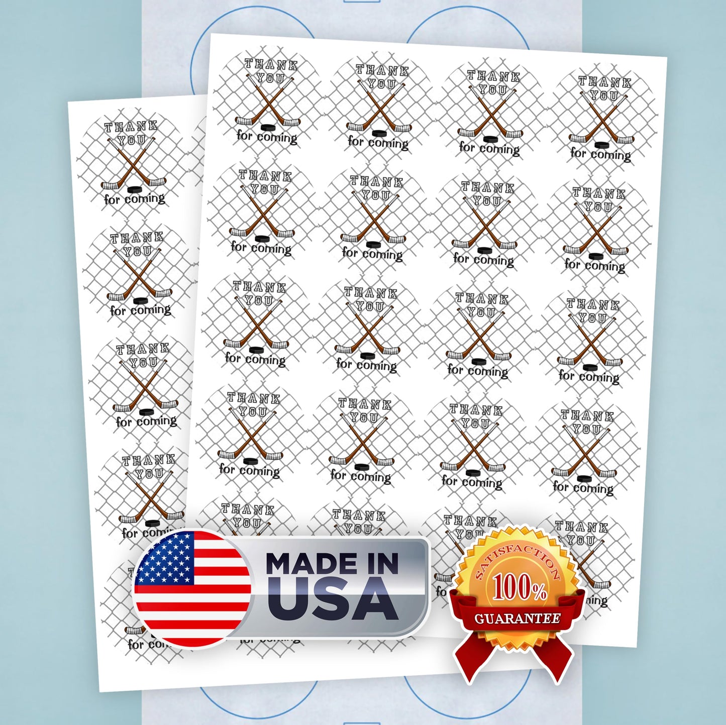 40 Thank You Hockey Labels, 2 Inch Big Round Glossy Stickers, Great Stickers for Birthday Party, Baby Shower, Wedding, Graduation, or Any Family Sports Event Decorations, Made in USA