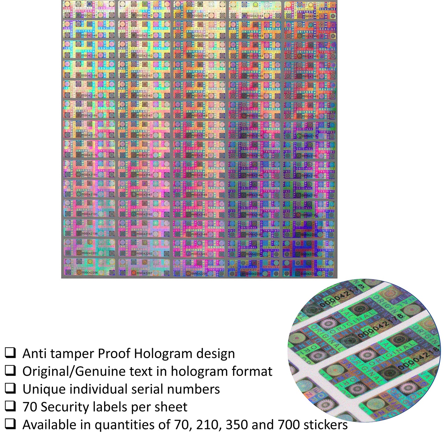 210 Tamper Proof Stickers, Tamper Evident Stickers. Genuine Original Holographic Security Seal, Tamper Resistant Hologram Foil Tape Feature with Serial Numbers. Strong Adhesive. (210 Stickers) 210 Stickers