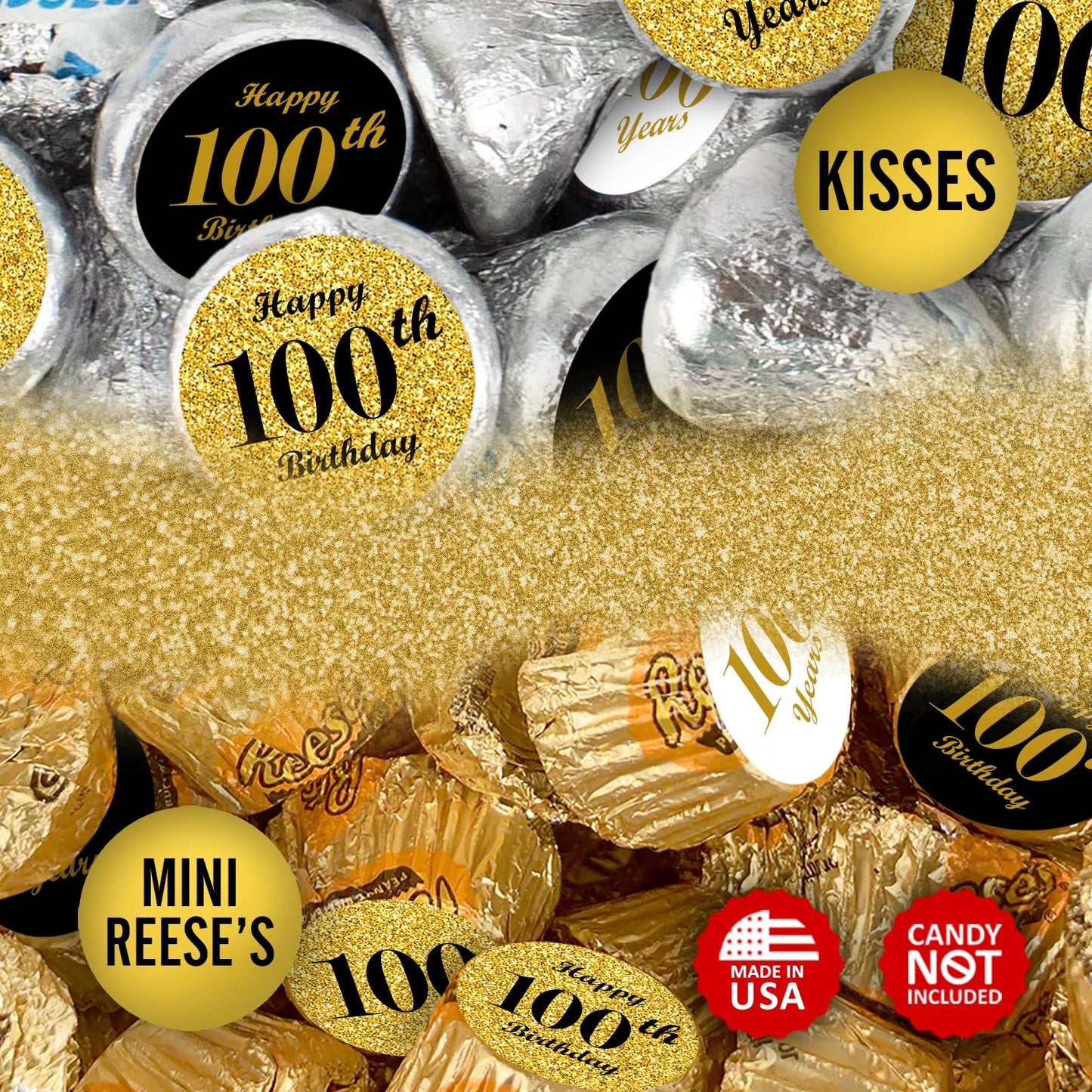 100th Birthday Kisses Stickers, (Set of 324) Chocolate Drops Labels Stickers for 100 Birthday, Party Favors Decor for Kisses. Made in USA, 9 Designs (36 Stickers of Each)