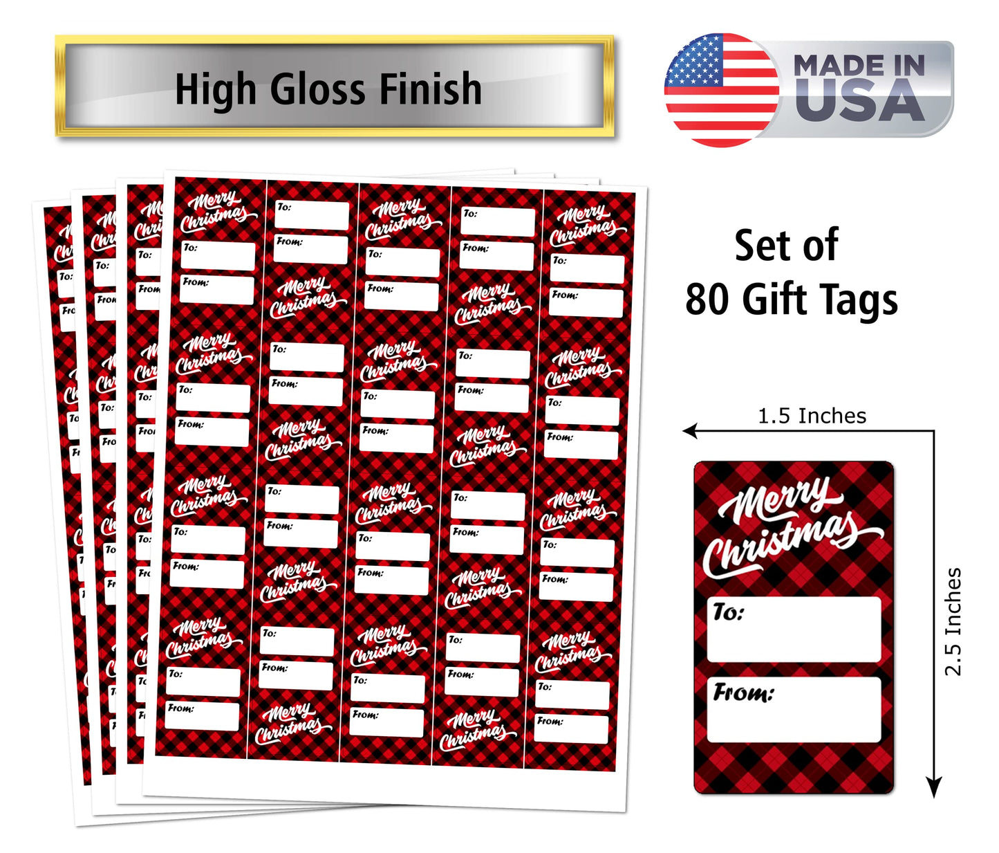 Merry Christmas Plaid Gift Tags, Self Adhesive Glossy Stickers, Xmas Present Labels. Set of 80 Labels. to and from Labels. Made in USA