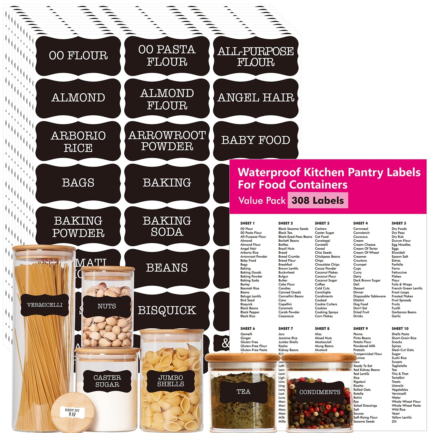 Hebayy 308 Pantry Food Labels, 280 Preprinted Flour Pasta Lentil Grain Condiment Oil Stickers, 28 Blank Ones, Waterproof Oil&Tear Resistant, No Residue for Kitchen Containers Jars(White on Black) Style 4