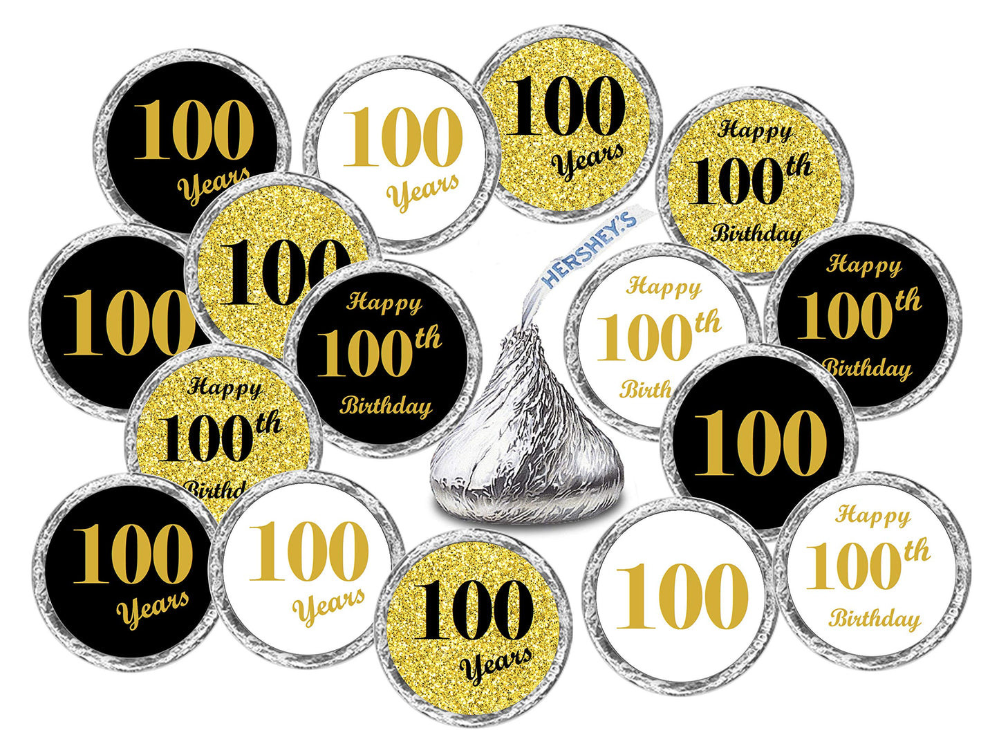 100th Birthday Kisses Stickers, (Set of 324) Chocolate Drops Labels Stickers for 100 Birthday, Party Favors Decor for Kisses. Made in USA, 9 Designs (36 Stickers of Each)
