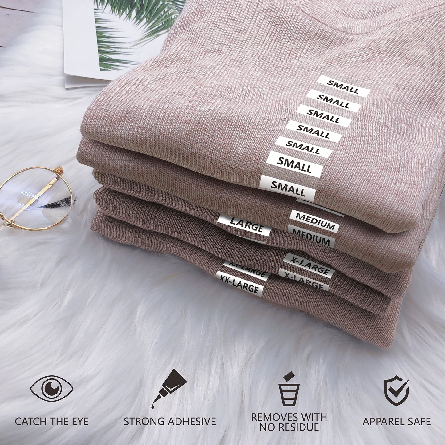 1750 PCS Clear Clothing Size Strip Labels, Tear-Resistant, Residue-Free, Black and White Fonts, 250 Strips Per Roll (7 Rolls, 1.25" X 5") Clothing Size Strip Labels - Bopp Materials (1.25" X 5")