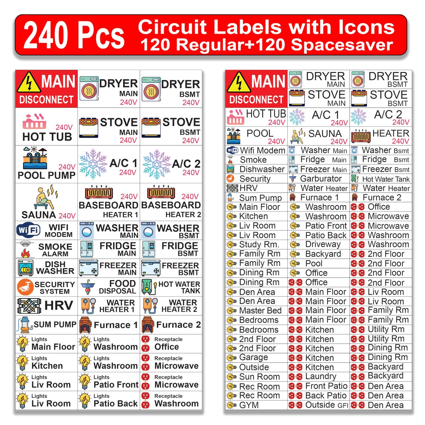 240 Pcs Circuit Identification Labels Markers Stickers Decals with Icons (Regular + Spacesaver 240 Pcs)