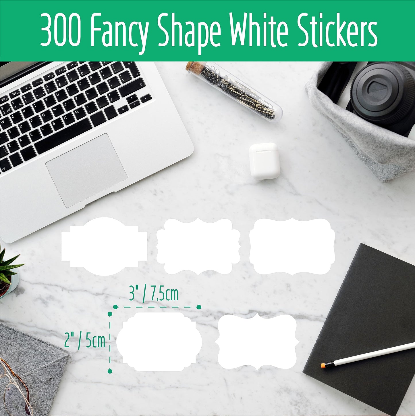 300 PCS White Stickers, 5 Fancy Shapes Labels Blank Stickers Roll White Name Tags with Permanent Adhesive for File Folders, Food Jars, Gift Tags, Home Office Business Uses (2” x 3”) 2” x 3”