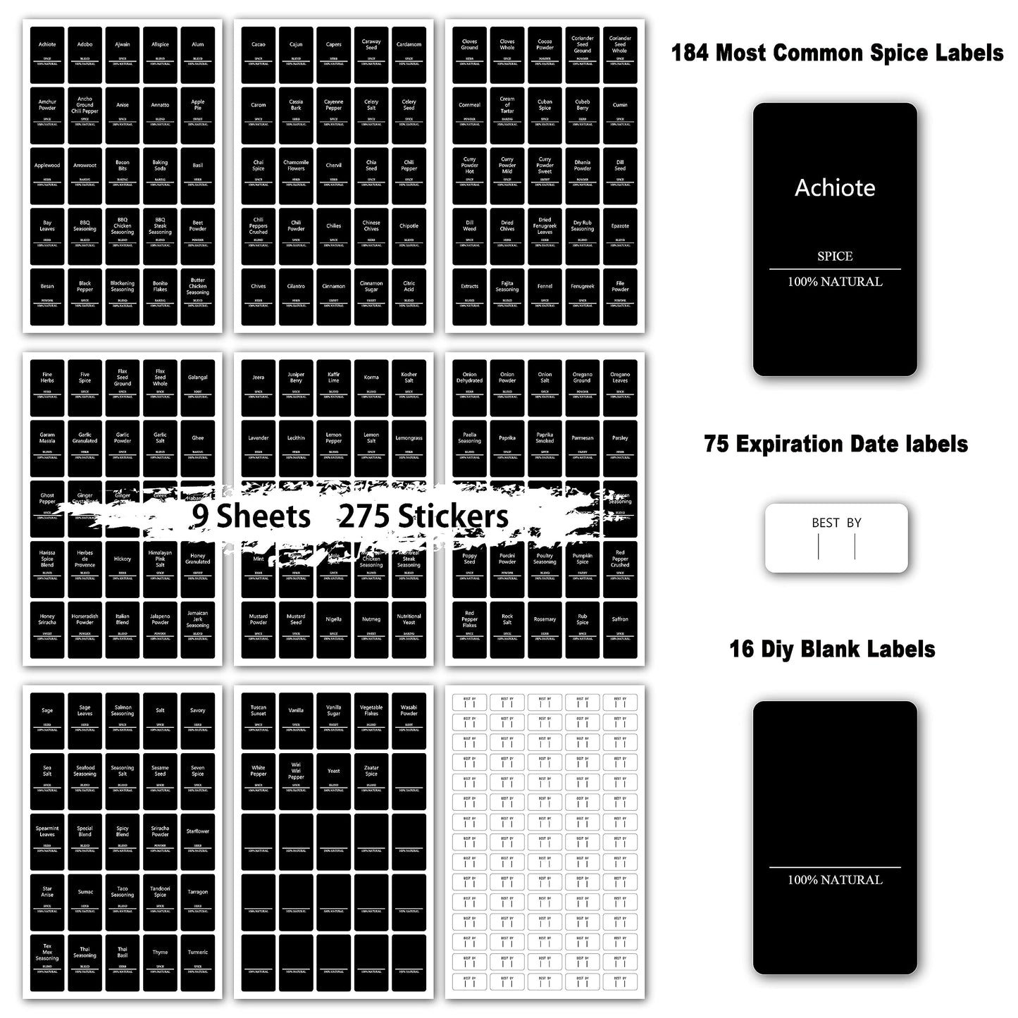 278 Pcs Spice Labels for Jars, All-Purpose Labels, Waterproof and Durable Label, Spice Pantry Names Preprinted,184 Most Common Spice Names + 16 Blank Labels + 75 Expiration Date