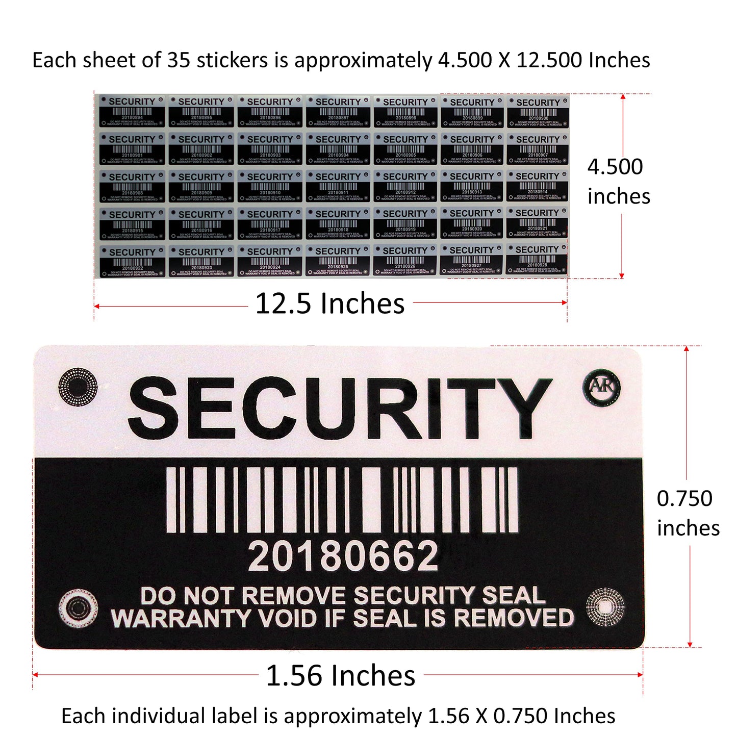 Tamper Evident Stickers, Tamper Proof Security Seal with Individual Serial Numbers and Barcode. Each Sticker is 1.56 x 0.75 inches. Destroyed Upon Removal. Residual Text Left on Item. (245 Stickers) 245 Stickers