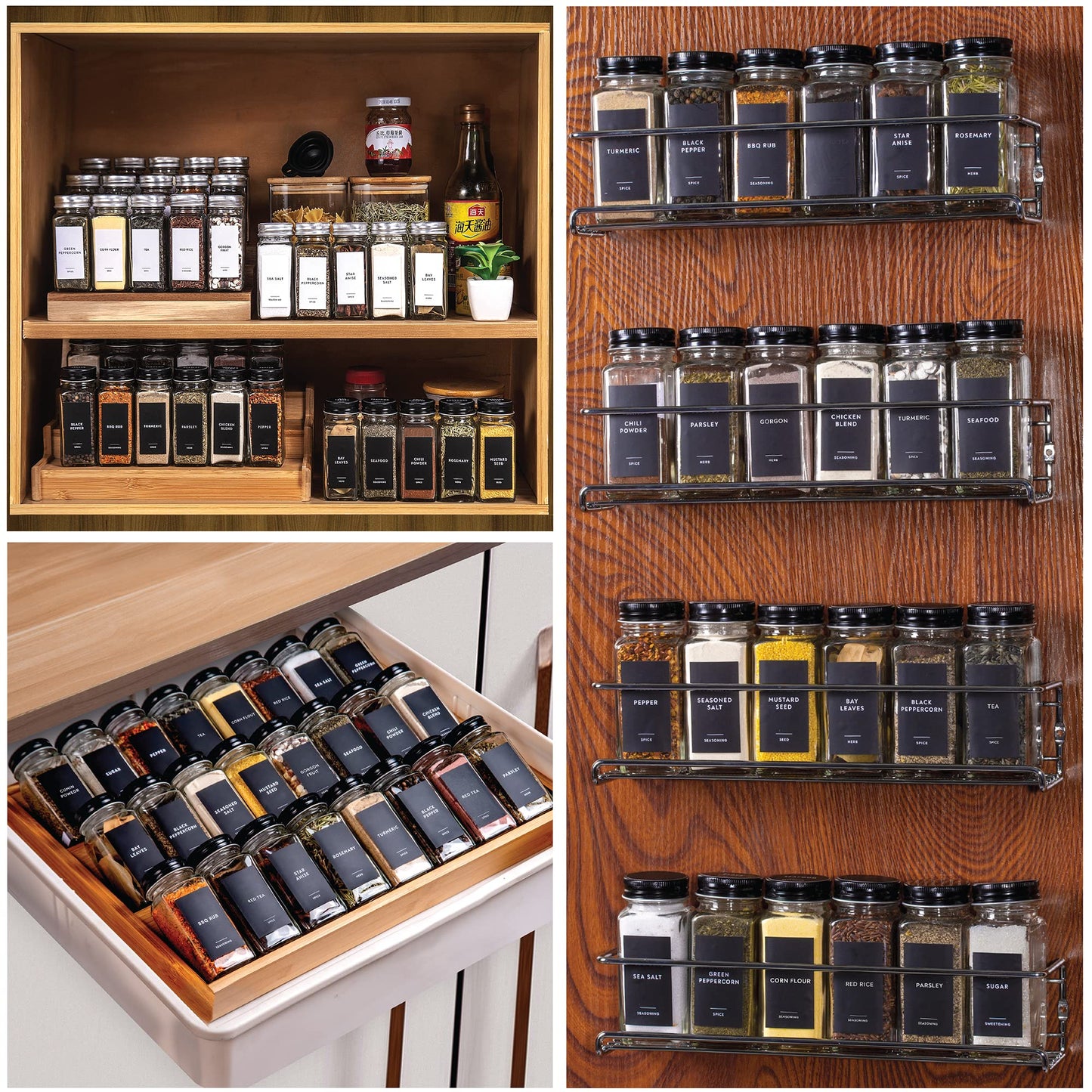 304 Minimalist Spice Label Set, White Text on Black Vinyl Waterproof Label Sticker with Removable Adhesive - Fits on Round, Square and Rectangle Jars - Organize Spice, Herb and Seasonings Spice Labels
