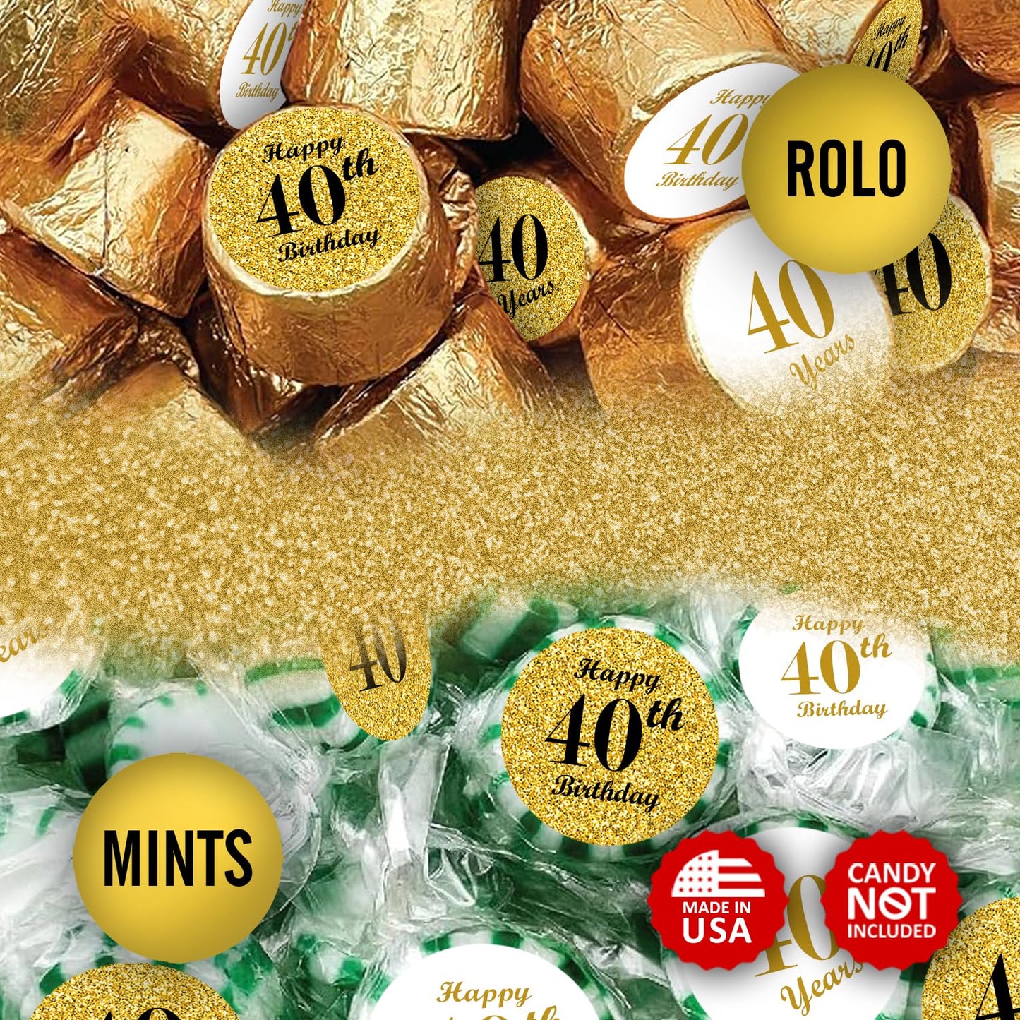 40th Birthday Gold Kisses Stickers, (Set of 324) Chocolate Drops Labels Stickers for Birthday Party, Party Favors Decor for Kisses. Made in USA