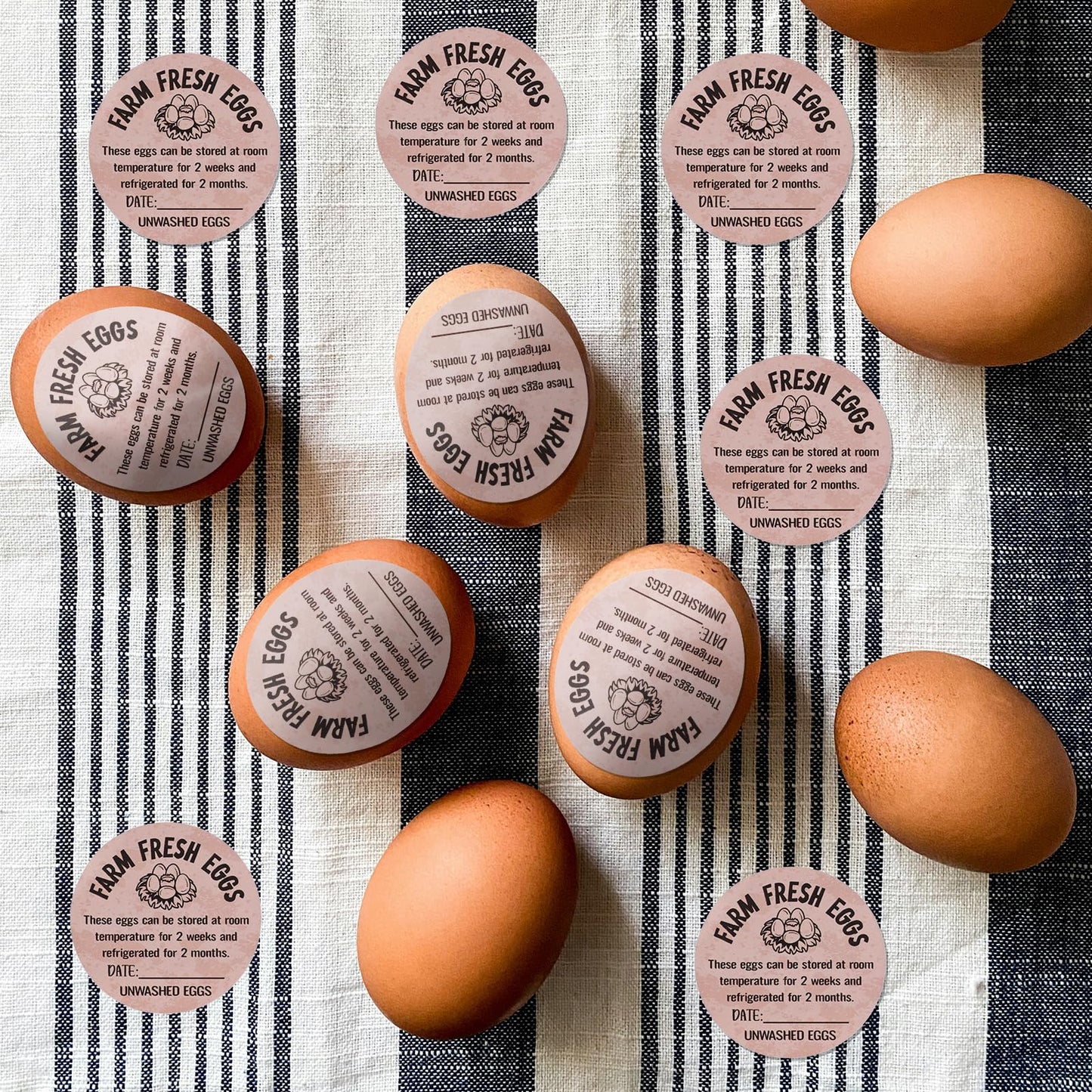 500pcs Farm Fresh Egg Carton Stickers, 2in Round Unwashed Egg Carton Labels with Collection Date Self-Adhesive Egg Packaging Labeling for Chicken Duck Quail Egg