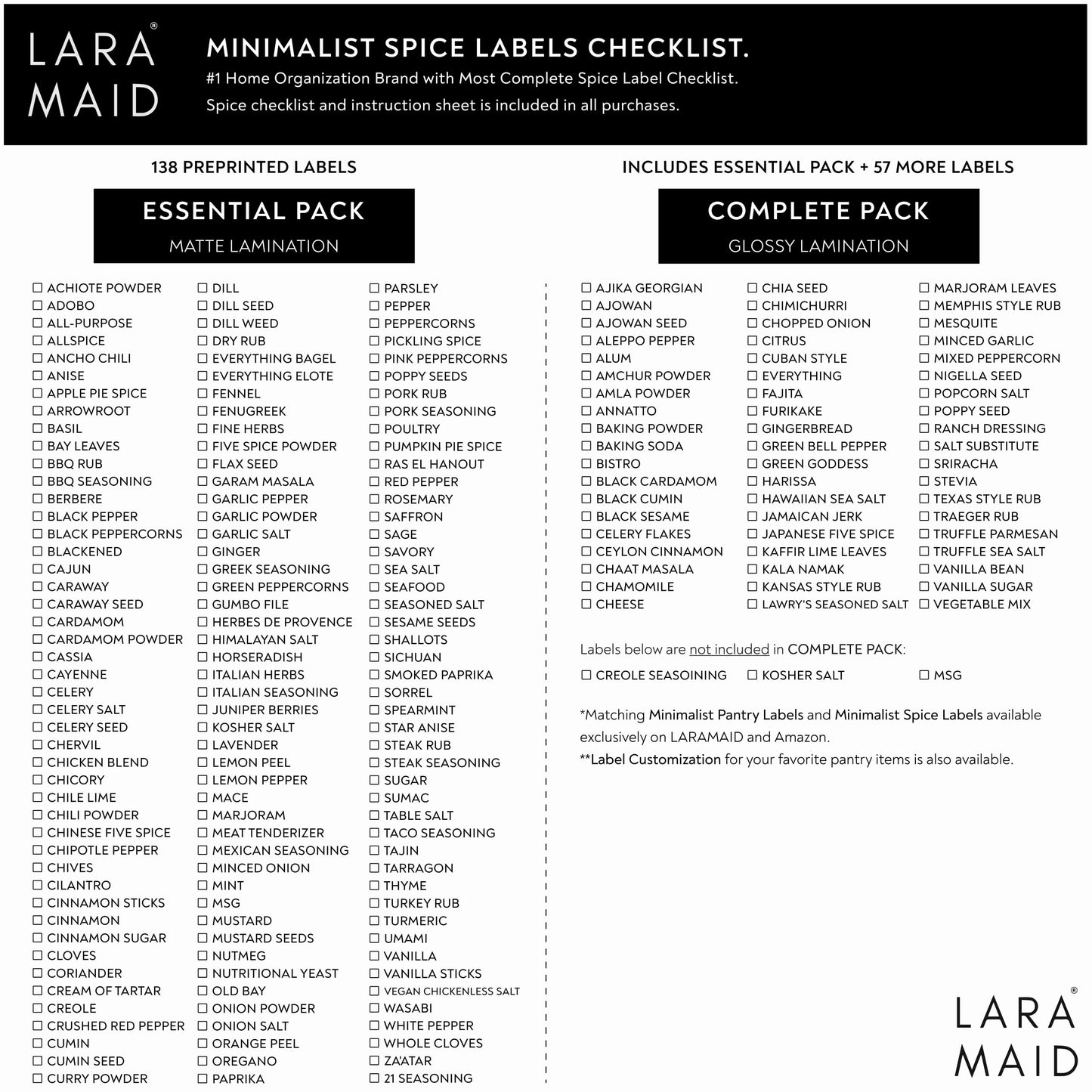 304 Minimalist Spice Label Set, White Text on Black Vinyl Waterproof Label Sticker with Removable Adhesive - Fits on Round, Square and Rectangle Jars - Organize Spice, Herb and Seasonings Spice Labels