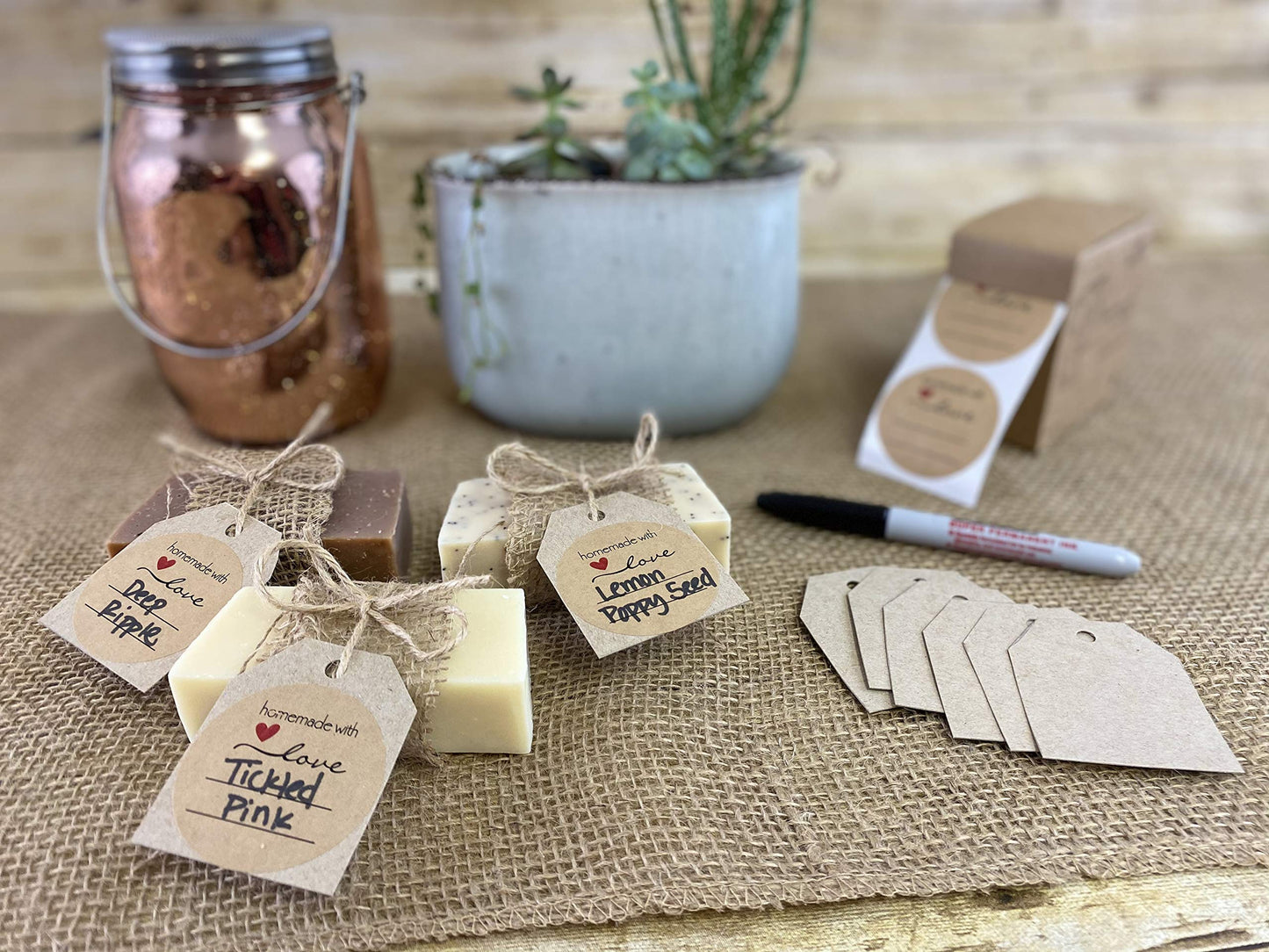 2” Homemade with Love Canning Labels with Lines for Writing, 500 Stickers per Roll in Dispenser Box, Plus Bonus 50’ of Twine String