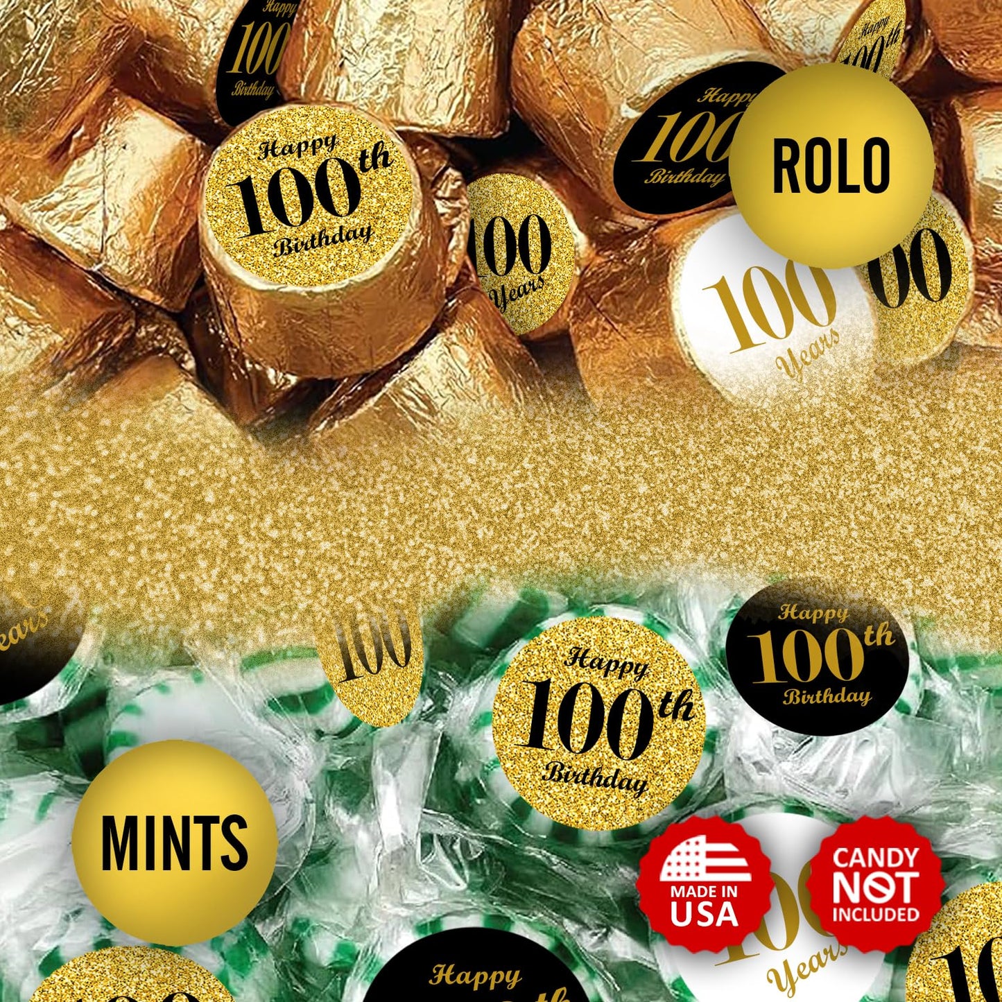 100th Birthday Kisses Stickers, (Set of 324) Chocolate Drops Labels Stickers for 100 Birthday, Party Favors Decor for Kisses. Made in USA, 9 Designs (36 Stickers of Each)
