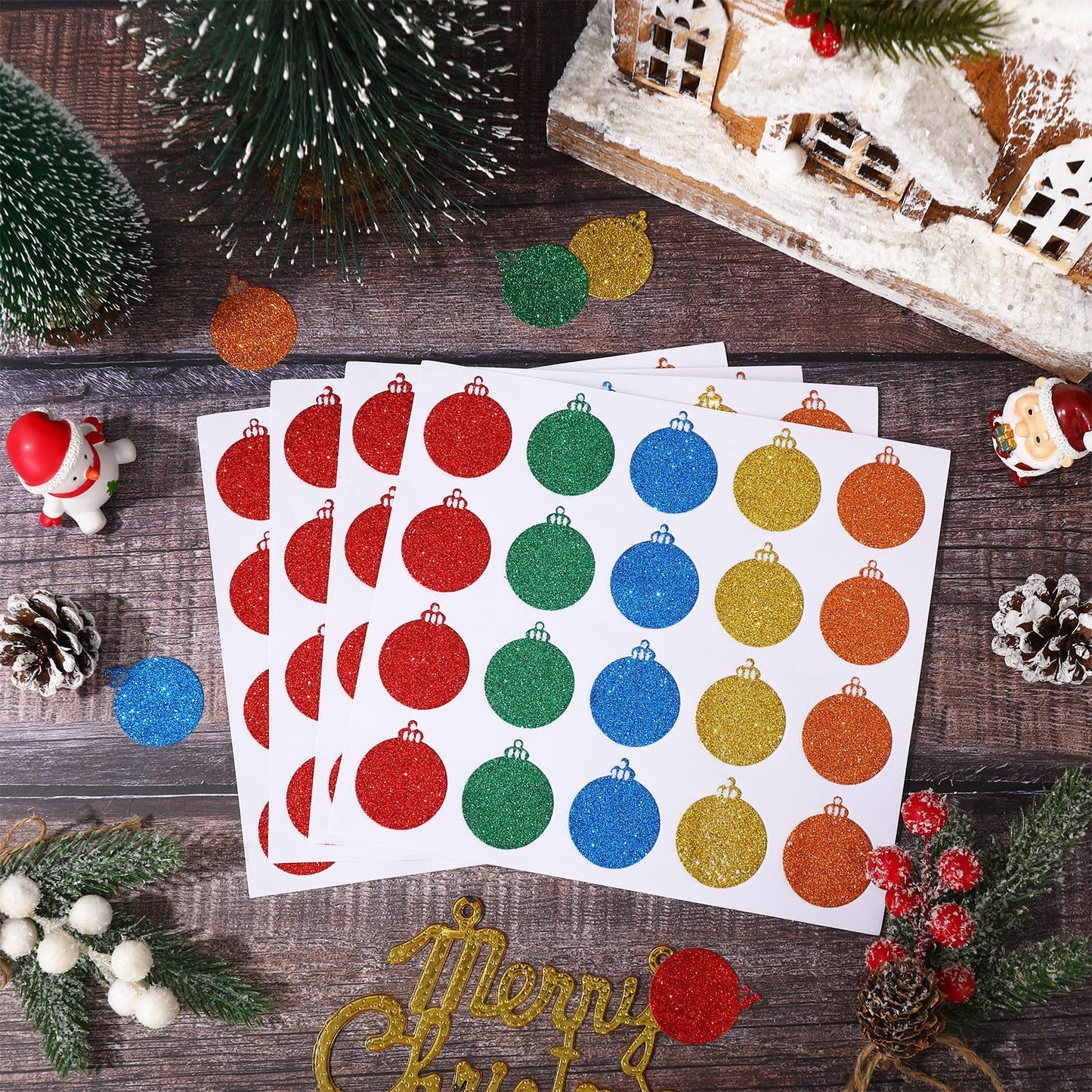 AnyDesign 500Pcs Christmas Sticker Glitter Xmas Ball Envelope Seal Decal 5 Colors Self-Adhesive Paper Label for Winter Invitation Greeting Card Scrapbook Ornament, 1.5 in Xmas Balls