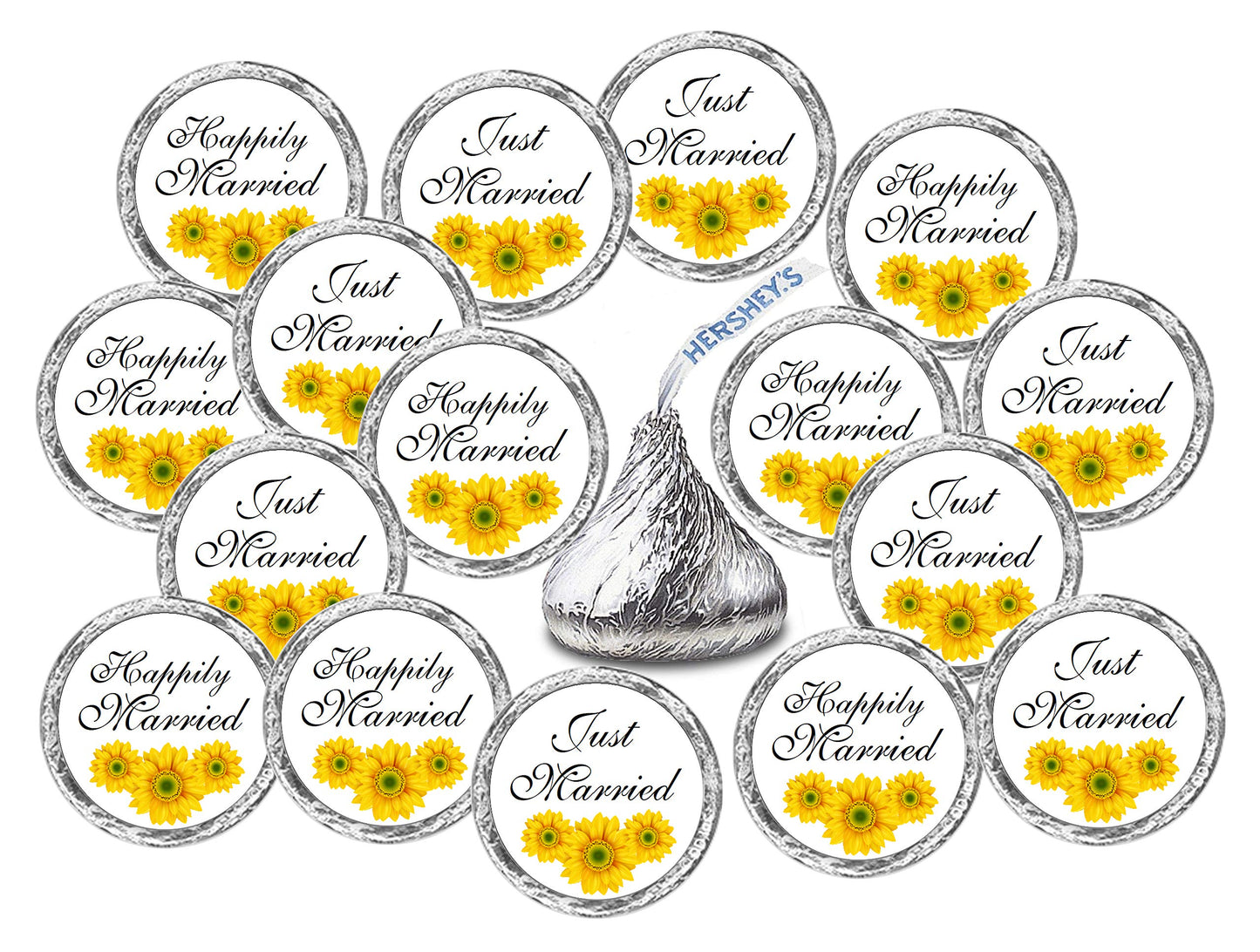 324 Sunflower Just Married Happily Married. Kisses Wedding Stickers, Floral Chocolate Drops Labels Stickers for Weddings, Bridal Shower Engagement Party Decorations. Made in USA