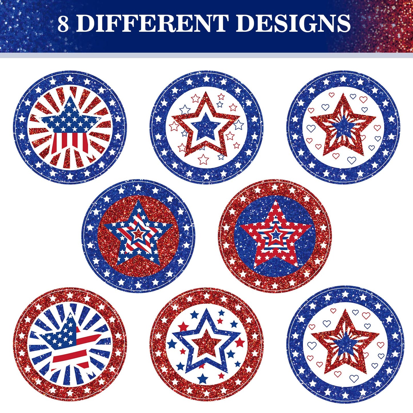 Whaline 600Pcs American Flag Stickers Glitter Patriotic Star Label Sticker Independence Day Stickers 4th of July Decals 8 Design Adhesive Sealing Labels for Envelopes Baking Bag Party Favor Supplies