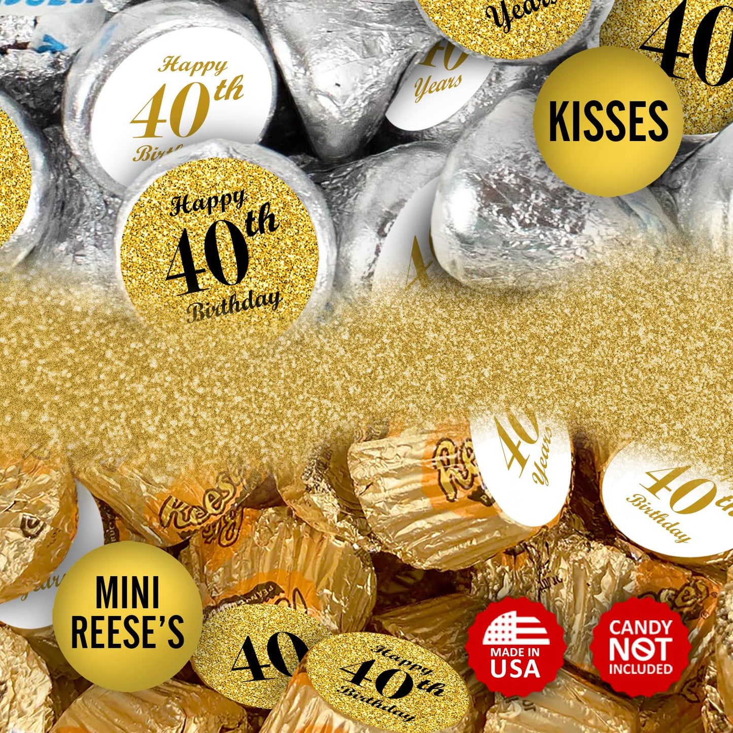 40th Birthday Gold Kisses Stickers, (Set of 324) Chocolate Drops Labels Stickers for Birthday Party, Party Favors Decor for Kisses. Made in USA