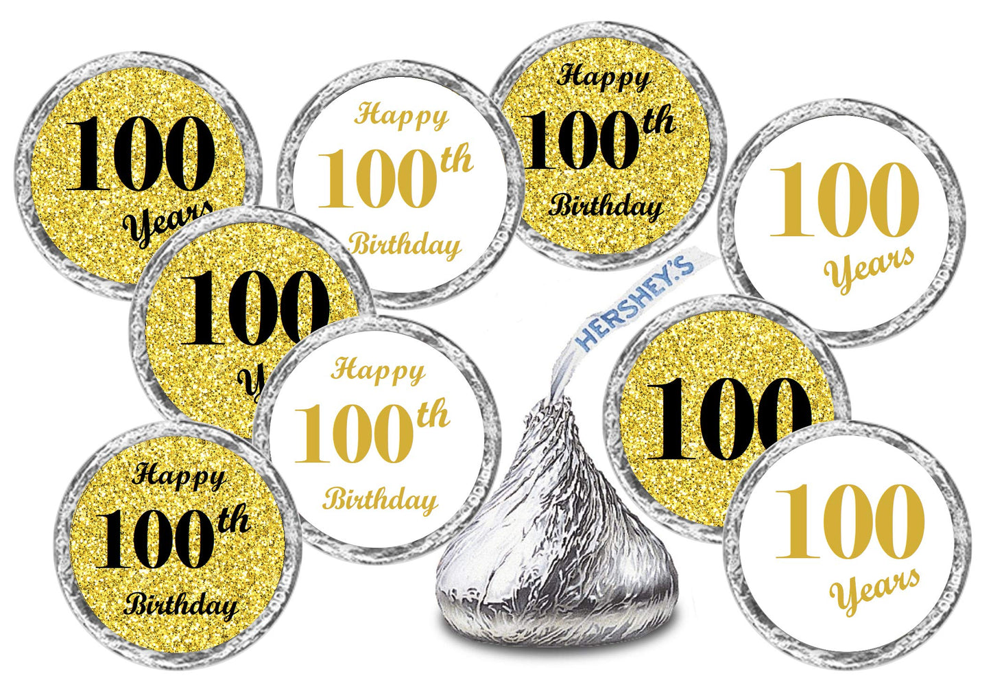 100th Birthday Gold Kisses Stickers, (Set of 216) Chocolate Drops Labels Stickers for Birthday Party, Party Favors Decor for Kisses. Made in USA