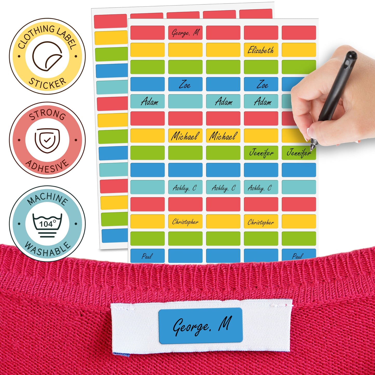 Self-Adhesive Clothing Labels for Garment Label Only: 80-Pcs Peel & Stick PVC Sticker Decals, 1.2-Inch by 0.6-Inch, 5 Colors, Machine Washable, Durable, Easy to Apply, DIY Custom (1 X 0.4 Inches) 1 X 0.4 Inches