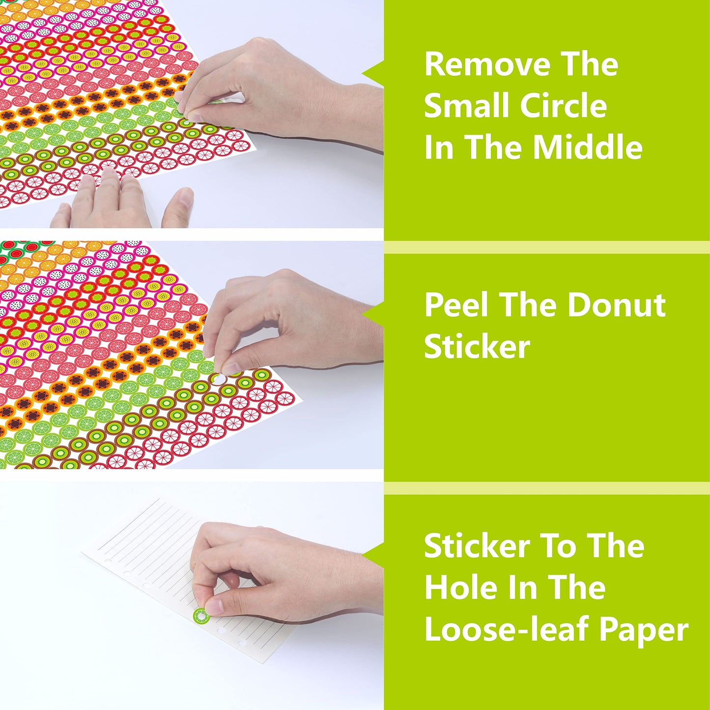 3000 Pack Fruit Design Hole Punch Reinforcement Sticker Labels, Tear Resistant Plastic Circles Hole Protectors for Loose-Leaf Paper Sheets, 10 Donut Designs(Outer 0.5”, Inner 0.25”) Colorful Fruit